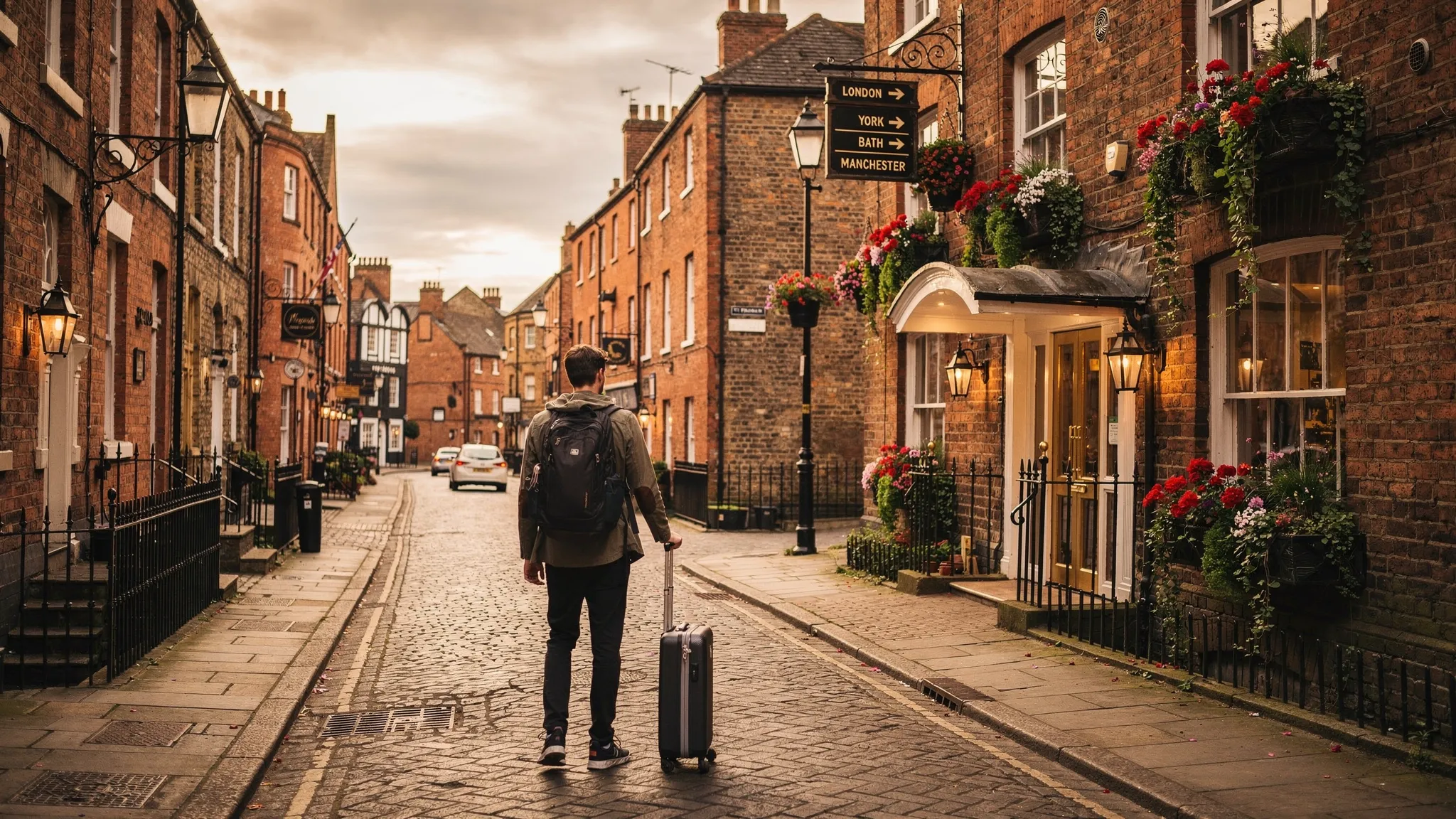 A traveler standing on a quiet English street with historic brick buildings, a boutique hotel entrance, flower boxes, a cobbled lane, and signs pointing toward London, York, Bath, Manchester, and Durham.