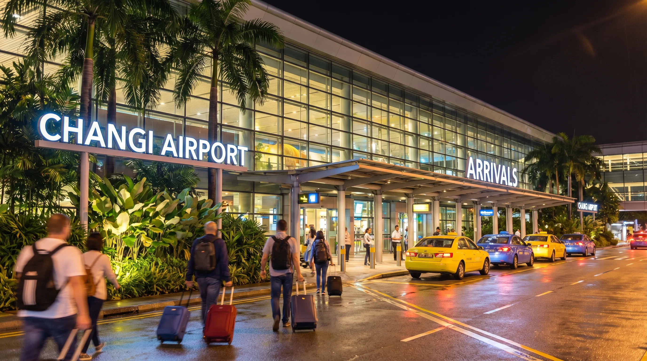 A night arrival scene at Singapore Changi Airport: a brightly lit terminal facade with glass and steel architecture, travelers walking with carry-ons, taxi queue area, and tropical plants visible near the entrance.