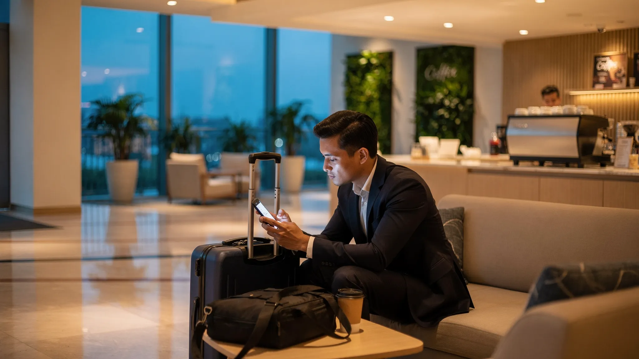 A business traveler in a hotel lobby in Singapore early morning: polished stone floors, warm lighting, subtle greenery, a coffee bar nearby, and a person reviewing a boarding pass and meeting notes on a phone.