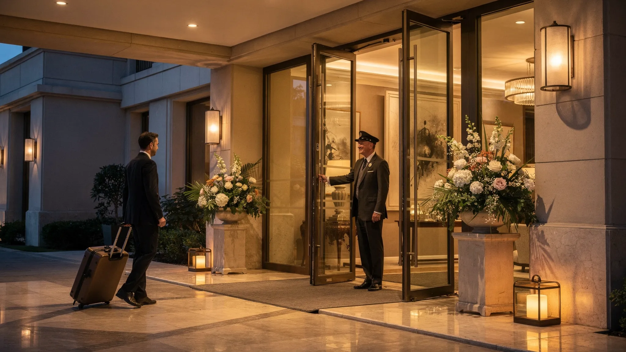 A serene luxury hotel arrival scene at dusk with warm lantern lighting, a calm doorman greeting a traveler, subtle floral arrangements, and an elegant lobby entrance that feels quiet and welcoming.