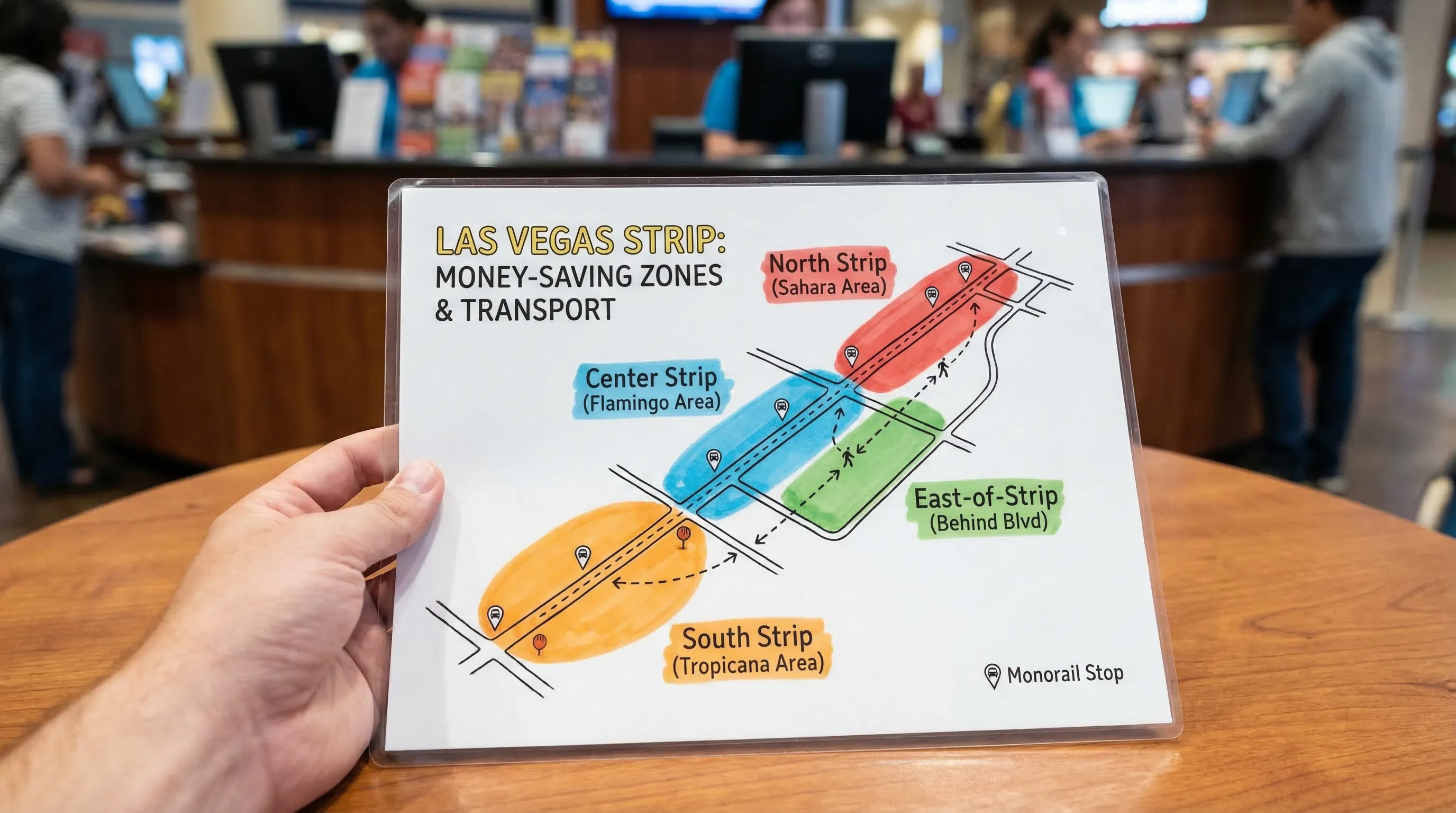 A simple illustrated map of the Las Vegas Strip highlighting four money-saving zones (South Strip near Tropicana, Center Strip near Flamingo, East-of-Strip behind the boulevard, and North Strip near Sahara), with walking arrows and monorail stops marked.