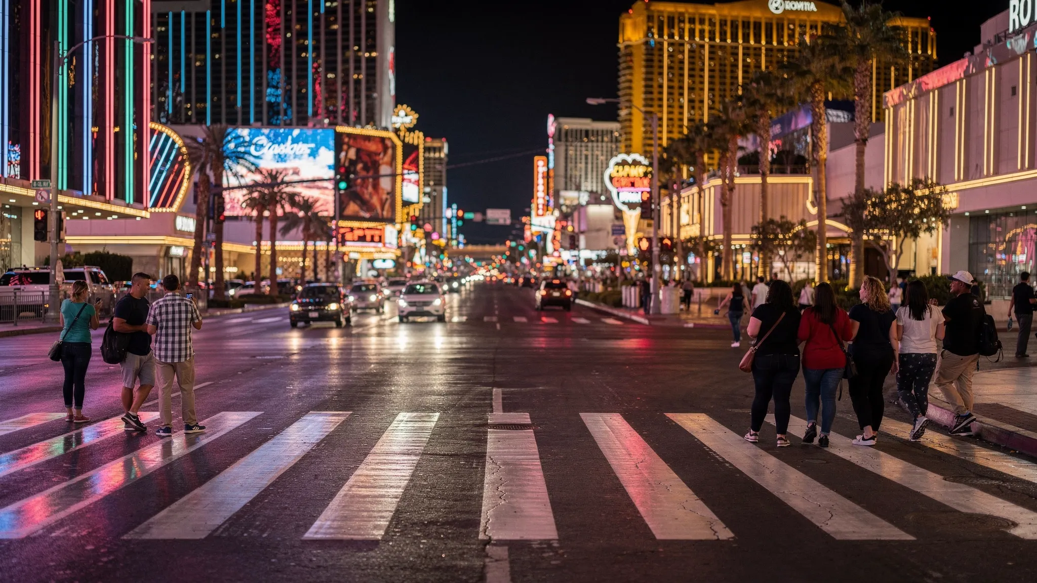 A nighttime street-level scene on the Las Vegas Strip showing a bright crosswalk, neon reflections on the sidewalk, and hotel towers in the background, conveying a lively but walkable atmosphere.