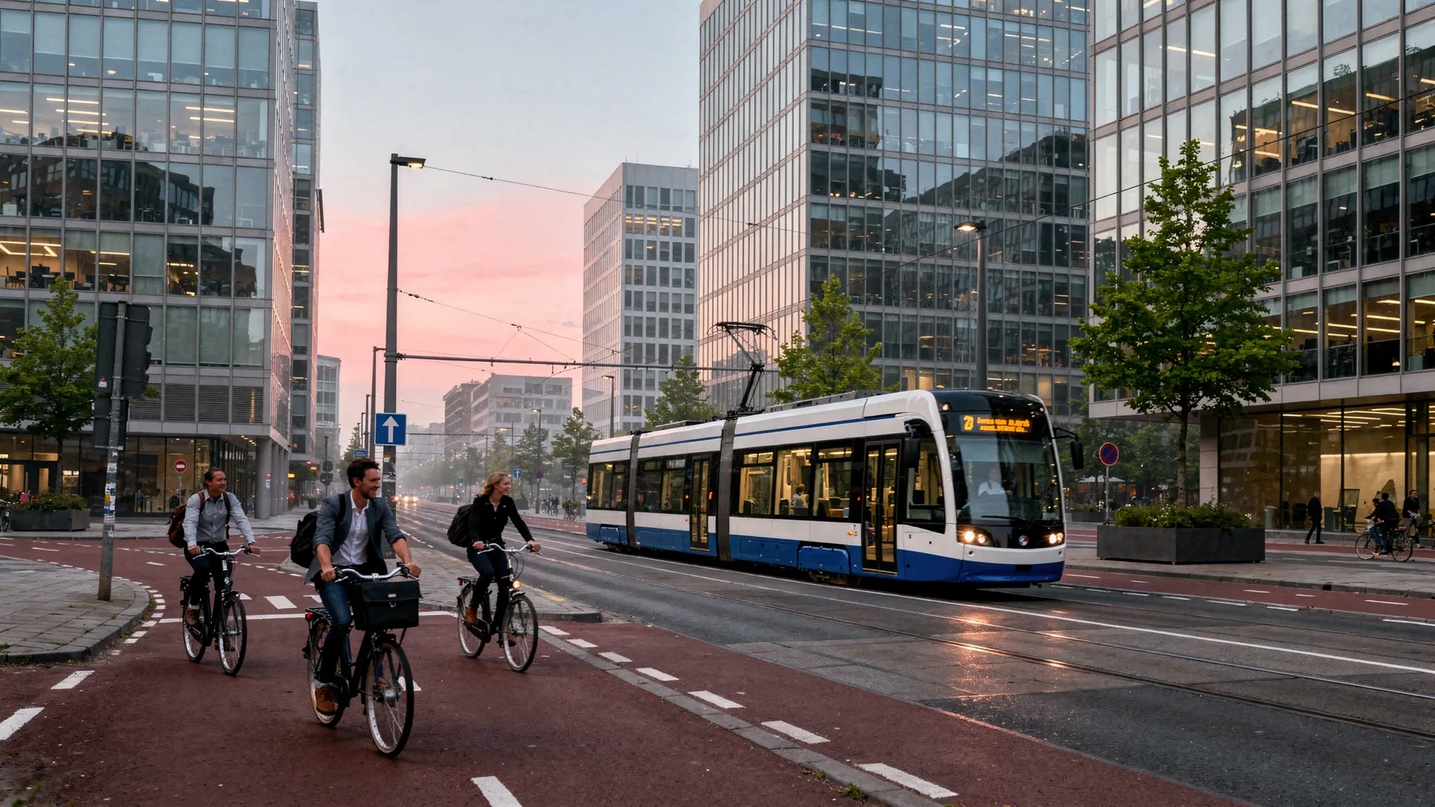 Early morning in Amsterdam’s Zuidas business district with modern glass offices, cyclists commuting on separated bike lanes, and a tram moving through clean streets under soft dawn light.