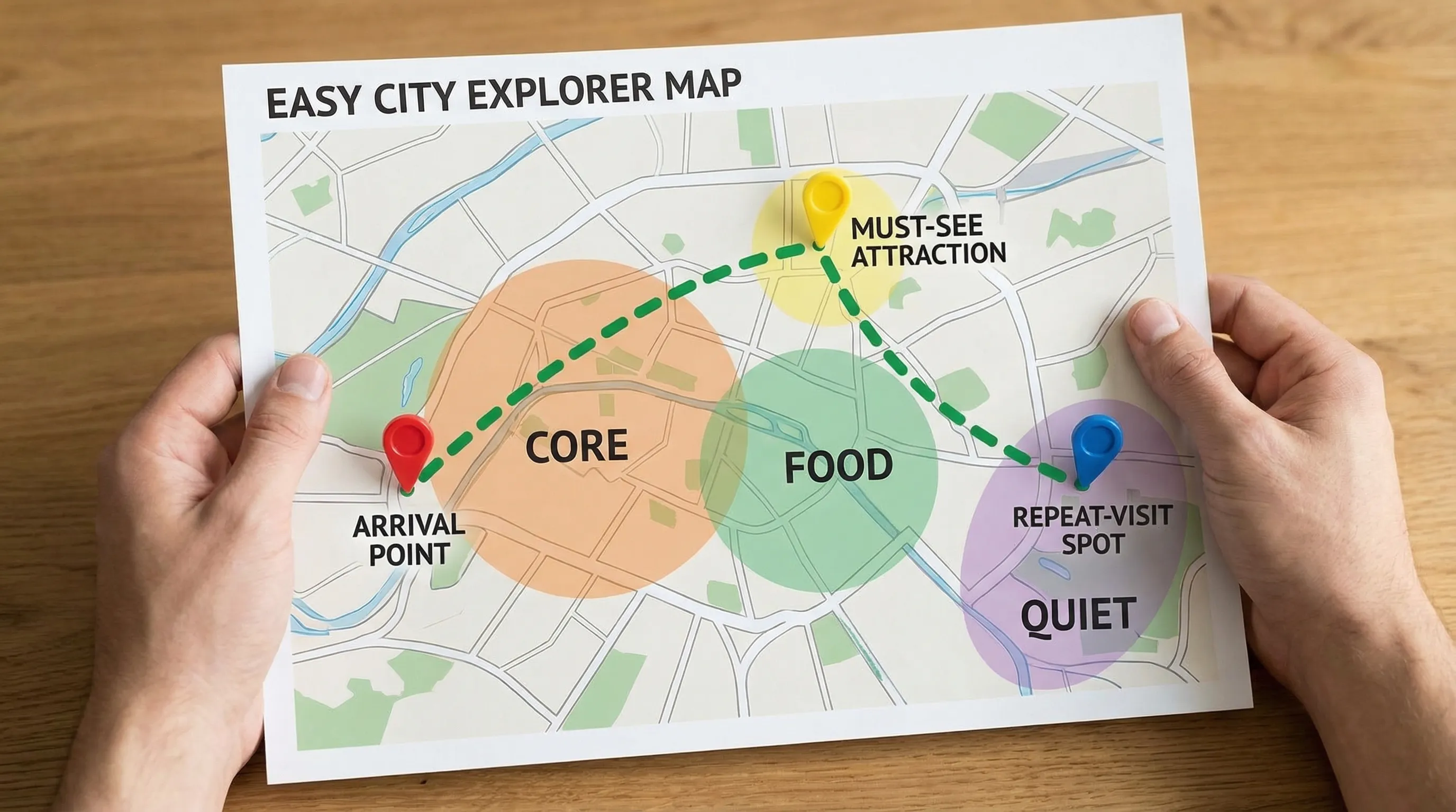 A simple illustrated city map showing three pins (arrival point, must-see attraction, repeat-visit spot) connected by an easy route, with three highlighted neighborhood zones labeled “core,” “food,” and “quiet.”