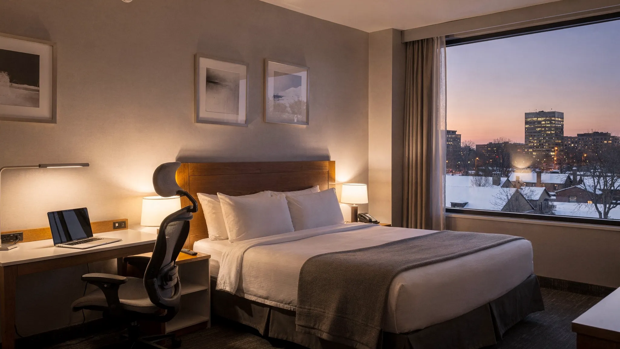 A calm, modern hotel room with a dedicated work desk, warm reading light, neatly made bed, and a window view of a wintery Minnesota skyline at dusk.