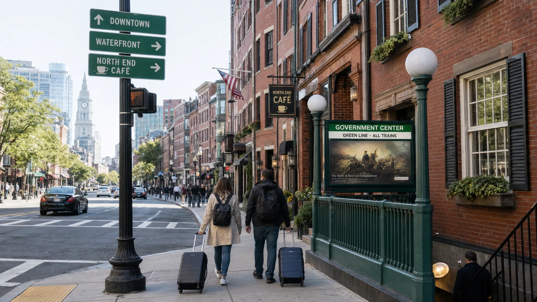 A Boston street corner with brick row houses, a subway entrance, travelers with rolling luggage, and directional signs toward downtown, the waterfront, and a neighborhood café.