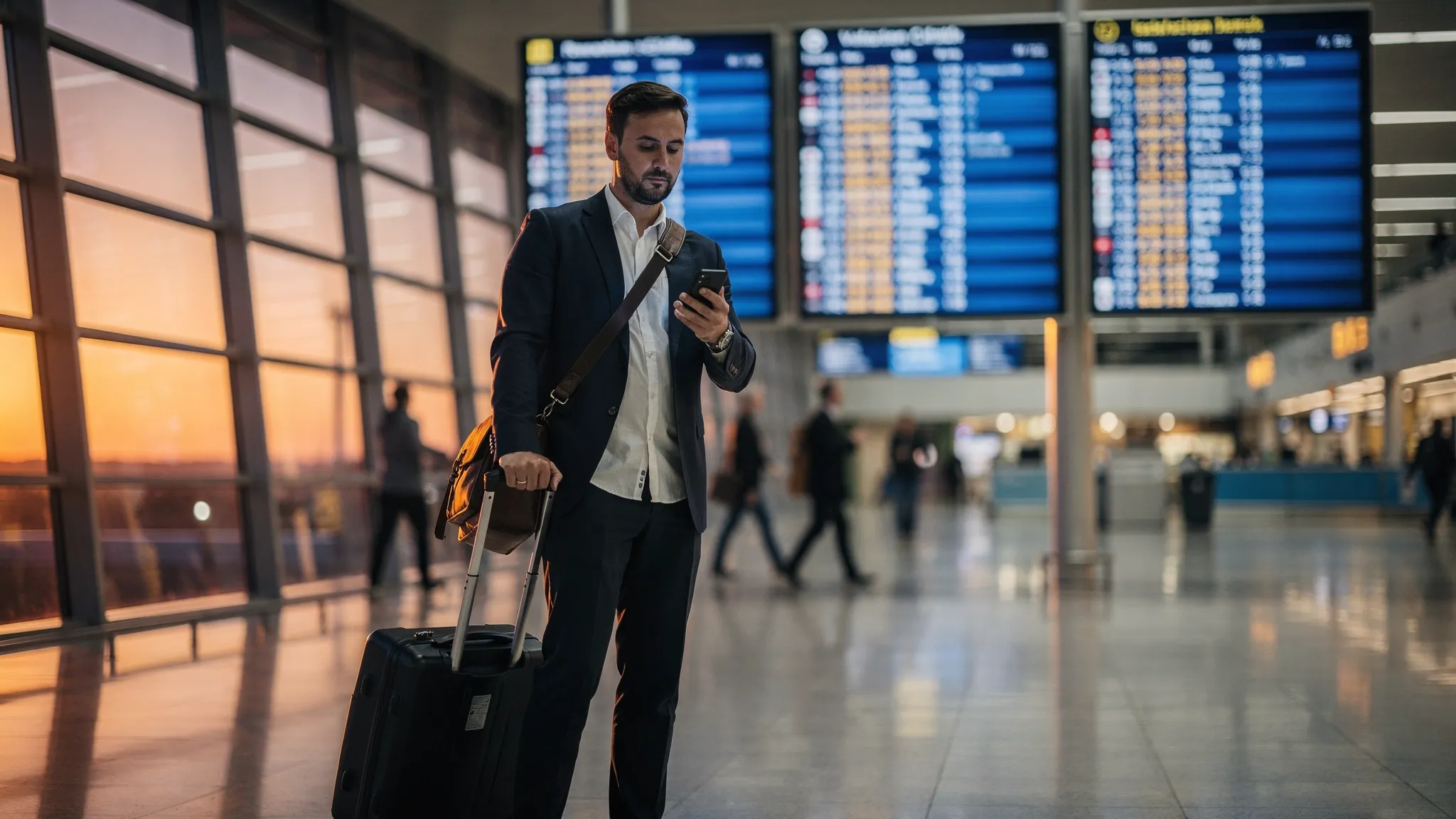 A traveler stands in an airport concourse at dusk with rolling luggage and a phone in hand, overhead flight boards glowing in the background, conveying a last-minute business trip decision.