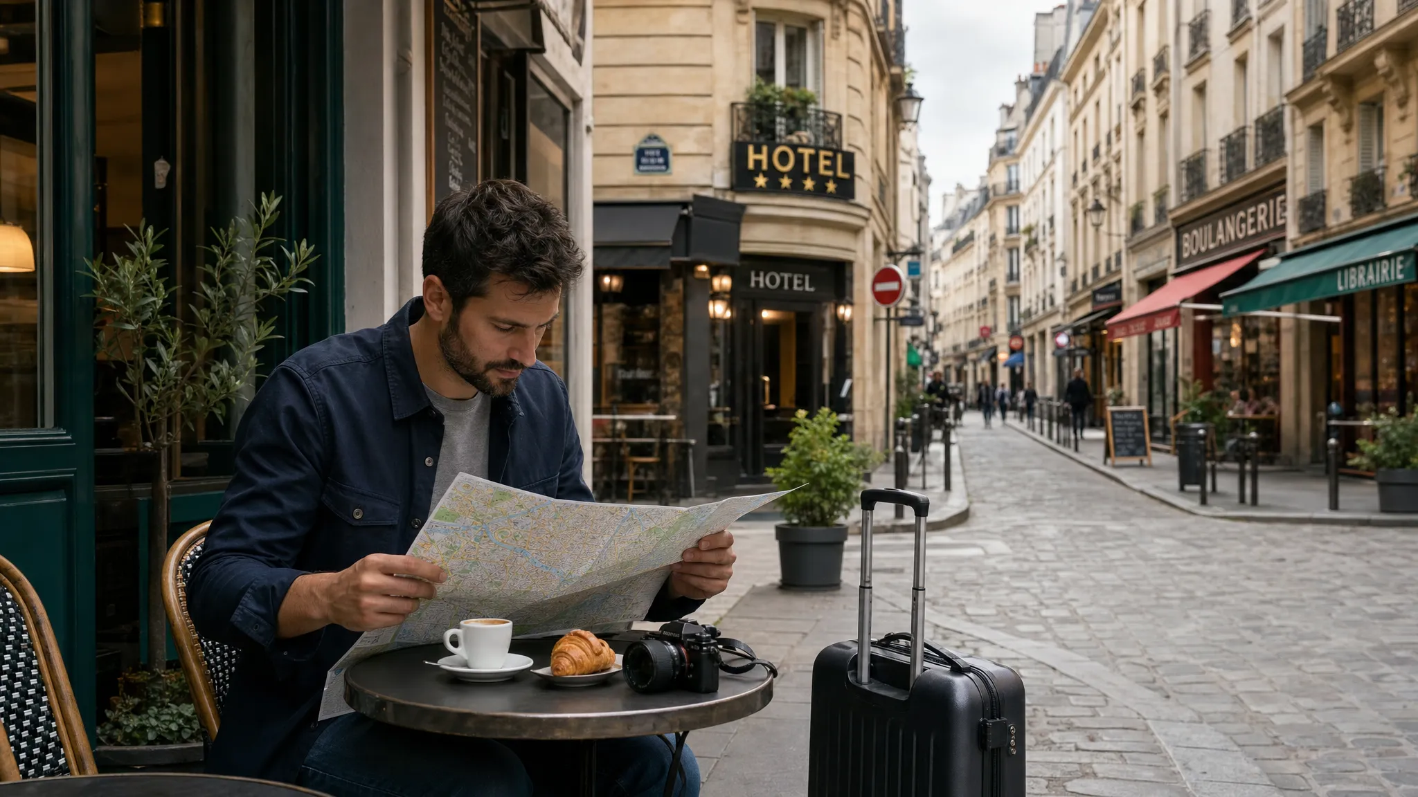An adult traveler studies a city map on a small cafe table with a suitcase beside the chair, while a hotel-lined street and local shops appear in the background.