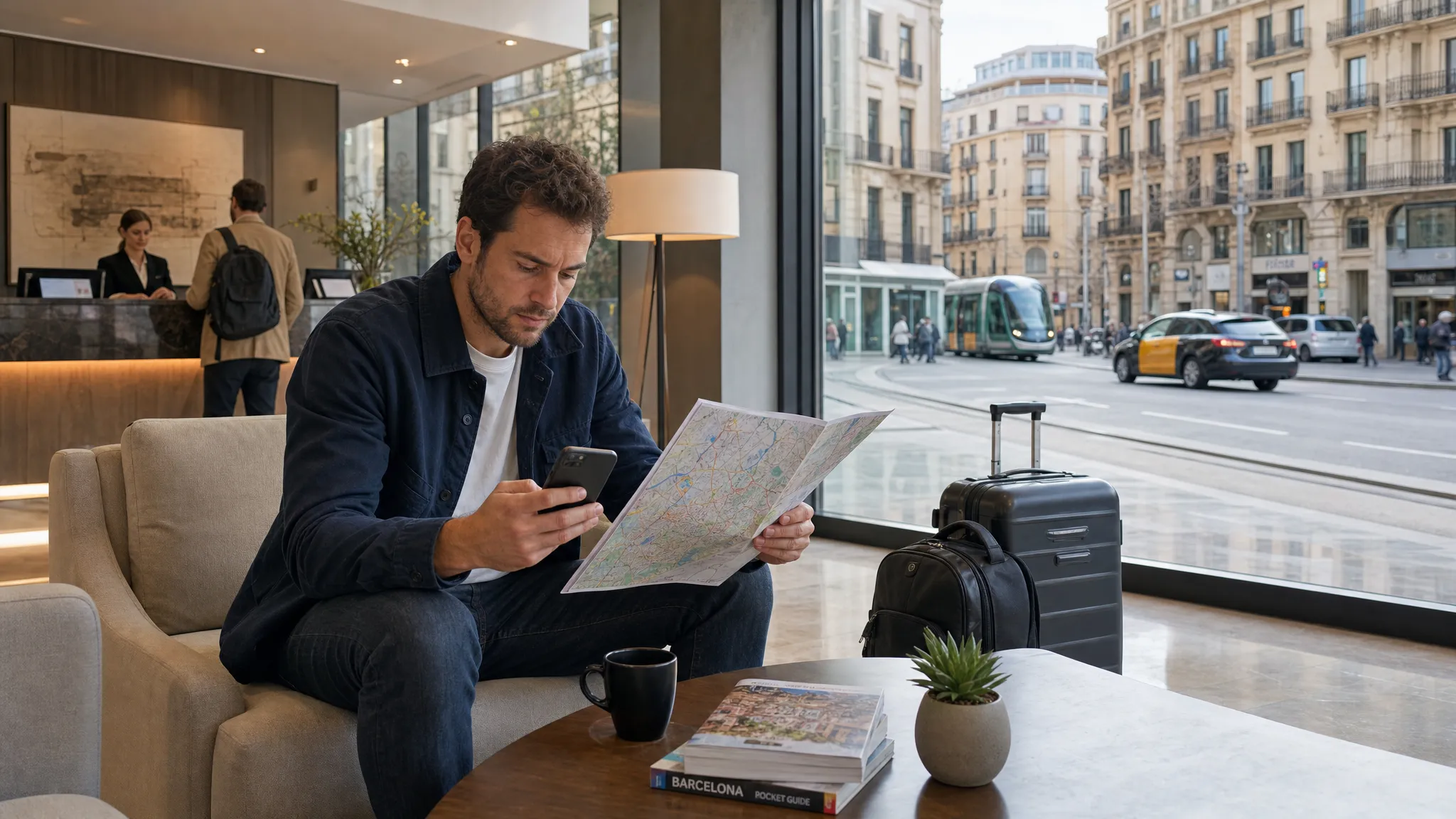 Wide landscape scene of an adult traveler in a bright hotel lobby researching stays on a phone and a folded city map, with a second person at the reception desk in the background and a pair of carry-on bags near the seating area. Through large windows, show a Barcelona street with tram lines, mixed historic and modern buildings, and taxis passing by to suggest the tradeoff between old-town atmosphere and easier transport. The composition should feel like a practical booking decision about neighborhood, fees, and convenience, with no single landmark dominating the view.