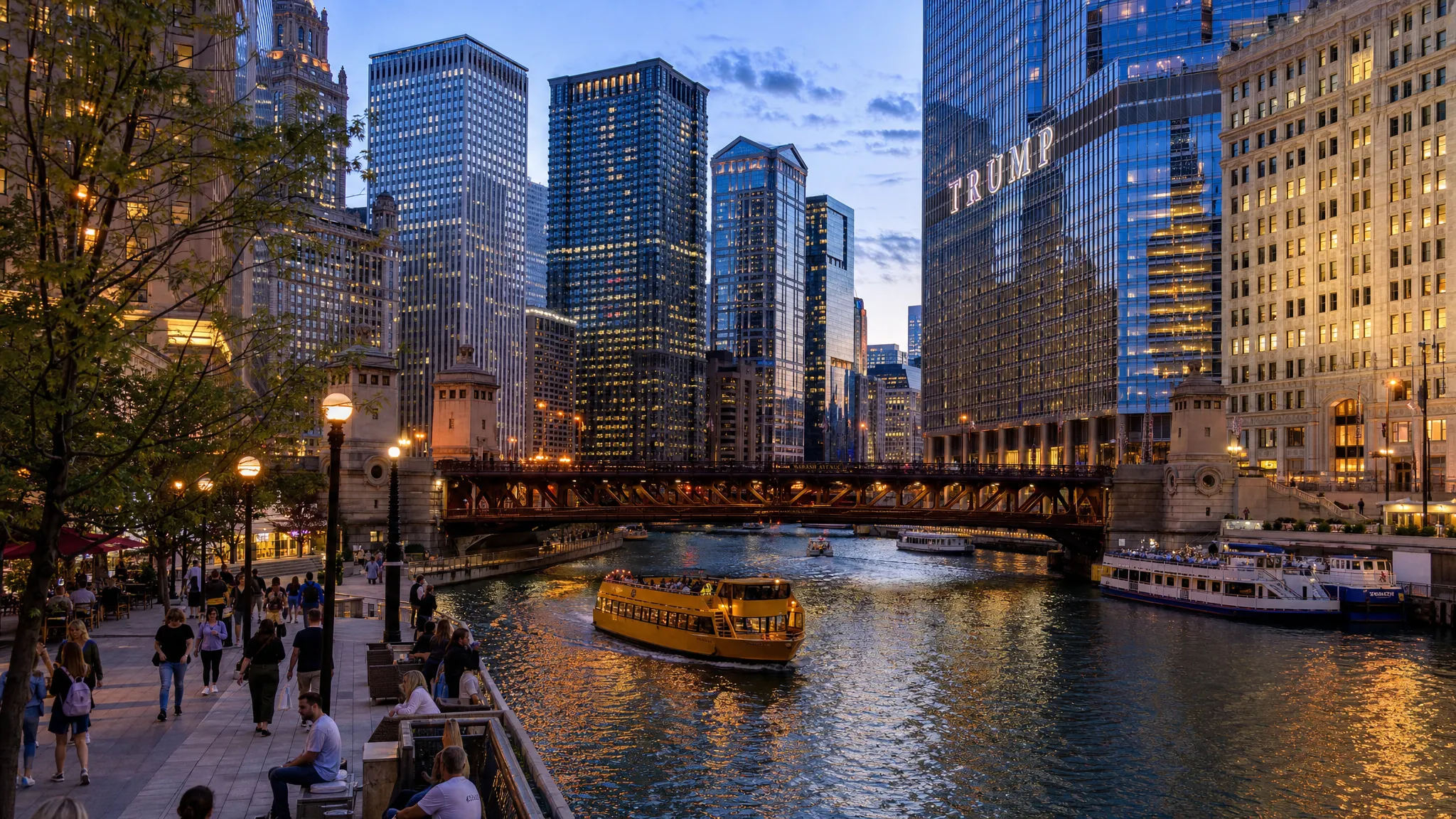 Chicago at dusk from the riverwalk, with illuminated downtown hotels, bridges, water taxis, and pedestrians along the water as the skyline reflects in the river.