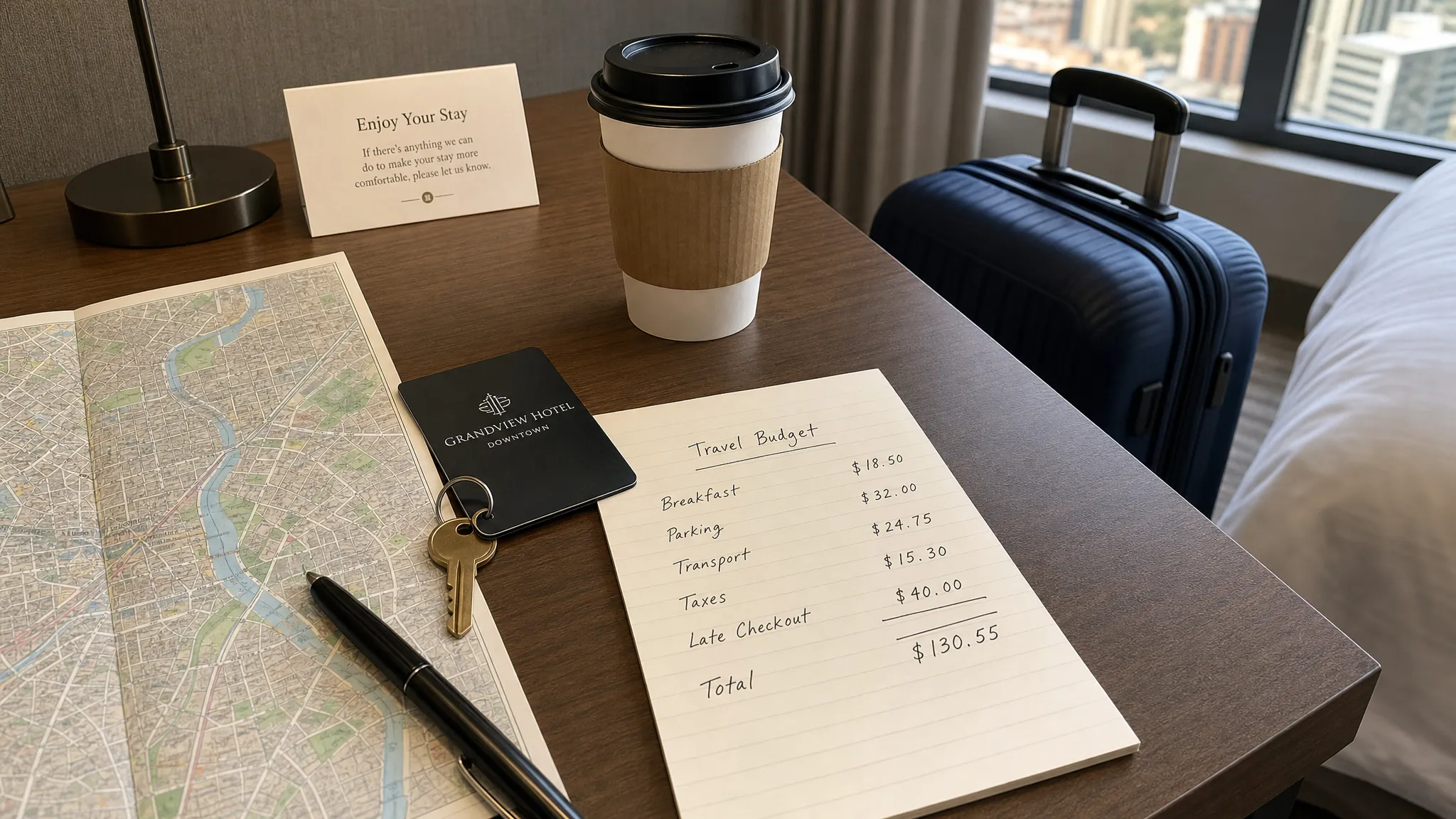 A hotel room desk with a city map, room key, coffee, suitcase, and a handwritten travel budget showing line items for breakfast, parking, transport, taxes, and late checkout.