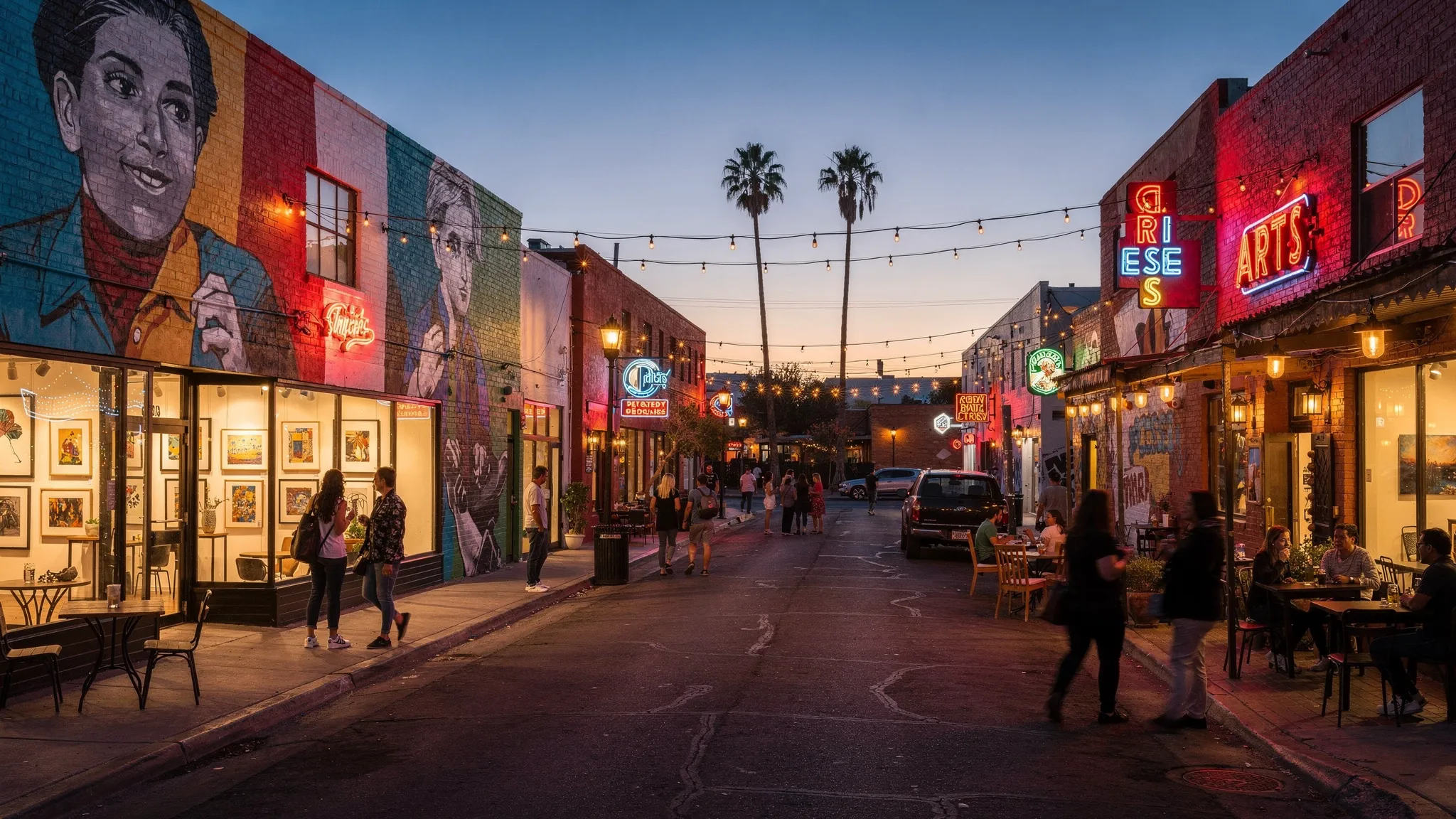 A twilight street scene in the Las Vegas Arts District with colorful mural-covered brick walls, small galleries and vintage neon signage, a few palm trees, and people strolling past patios under warm string lights.