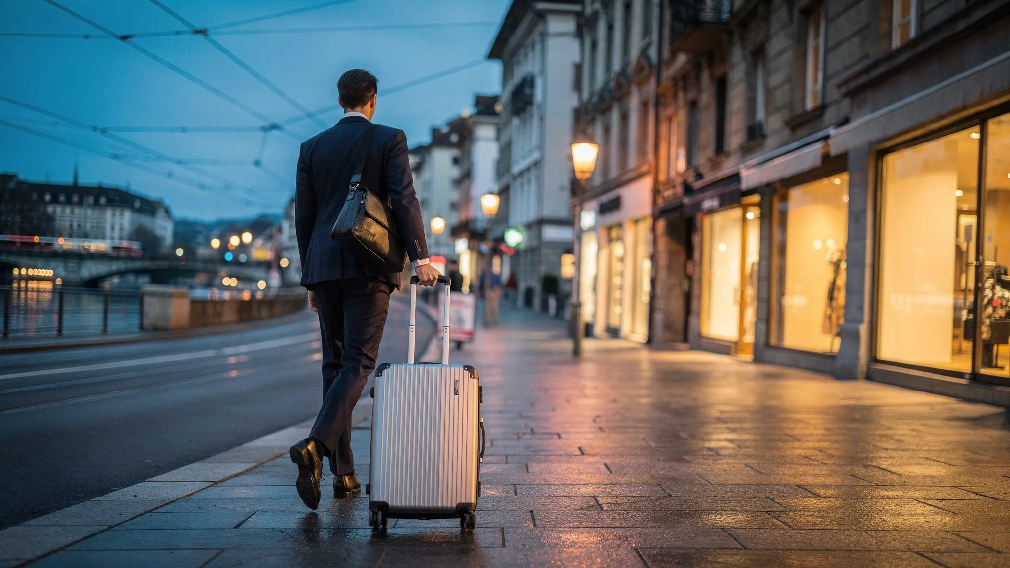 A business traveler rolls a carry-on along a clean Zurich street near the river at blue hour, with tram lines, warm-lit storefronts, and classic European facades in the background.
