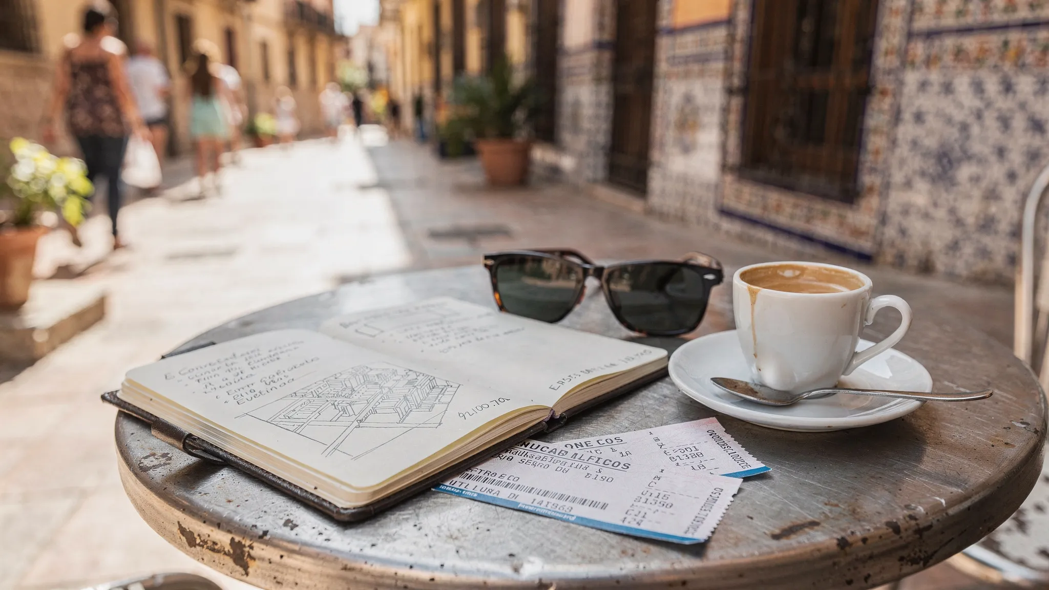 A traveler’s notebook, train tickets, sunglasses and a small espresso cup on an outdoor café table in Spain, with a sunlit street, tiled façades and people strolling in the background.