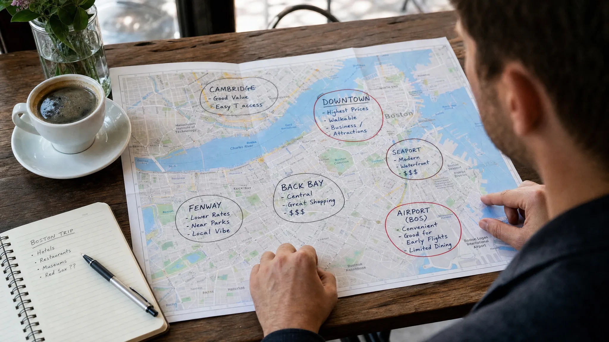 A traveler studies a Boston neighborhood map spread across a cafe table beside a coffee cup, with handwritten notes marking Downtown, Back Bay, Fenway, Seaport, Cambridge, and the airport as different hotel value zones.