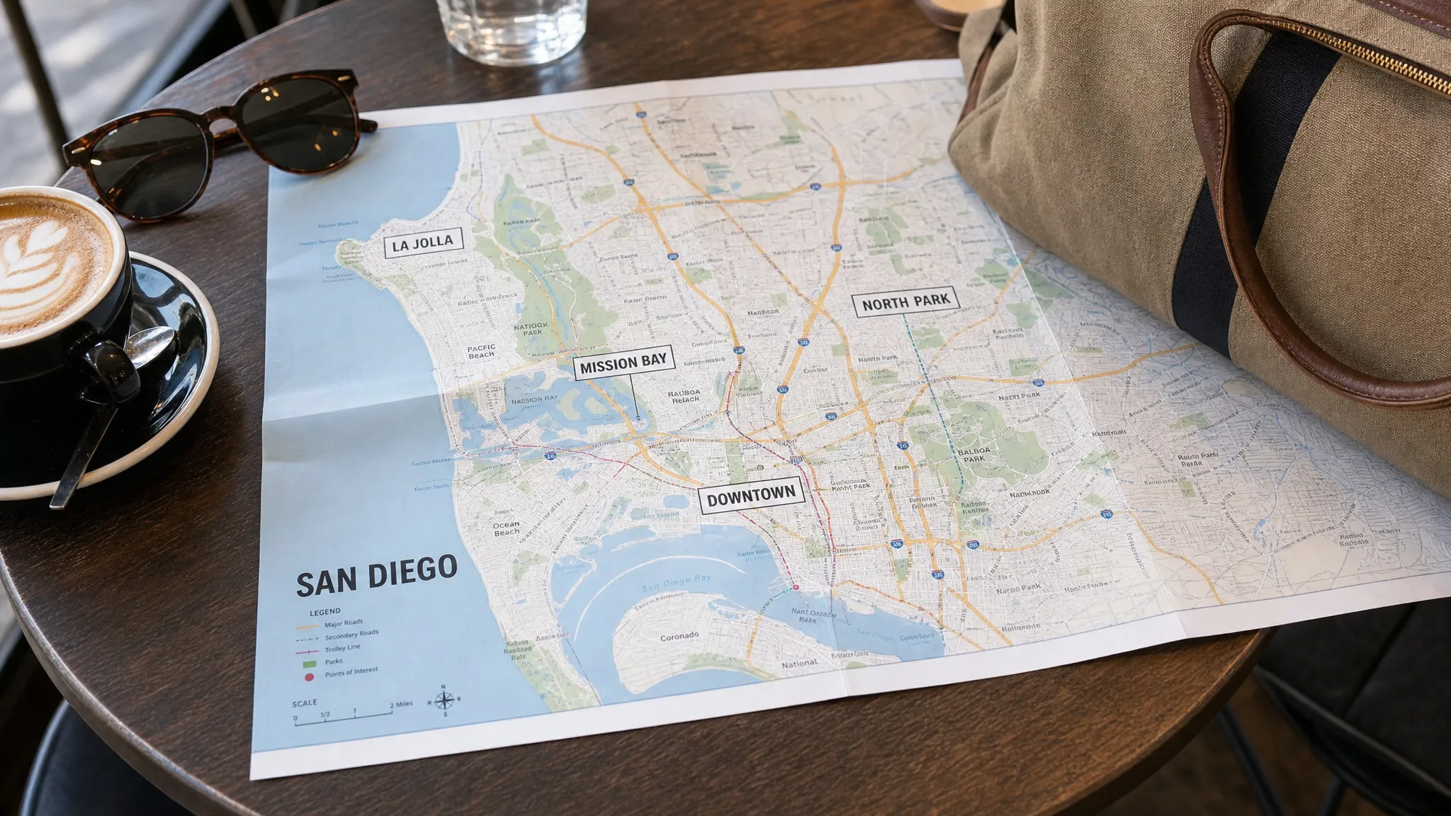 A close-up overhead view of a San Diego map spread across a café table beside coffee, sunglasses, and a weekend bag, with neighborhood names for downtown, La Jolla, Mission Bay, and North Park marked for comparison.