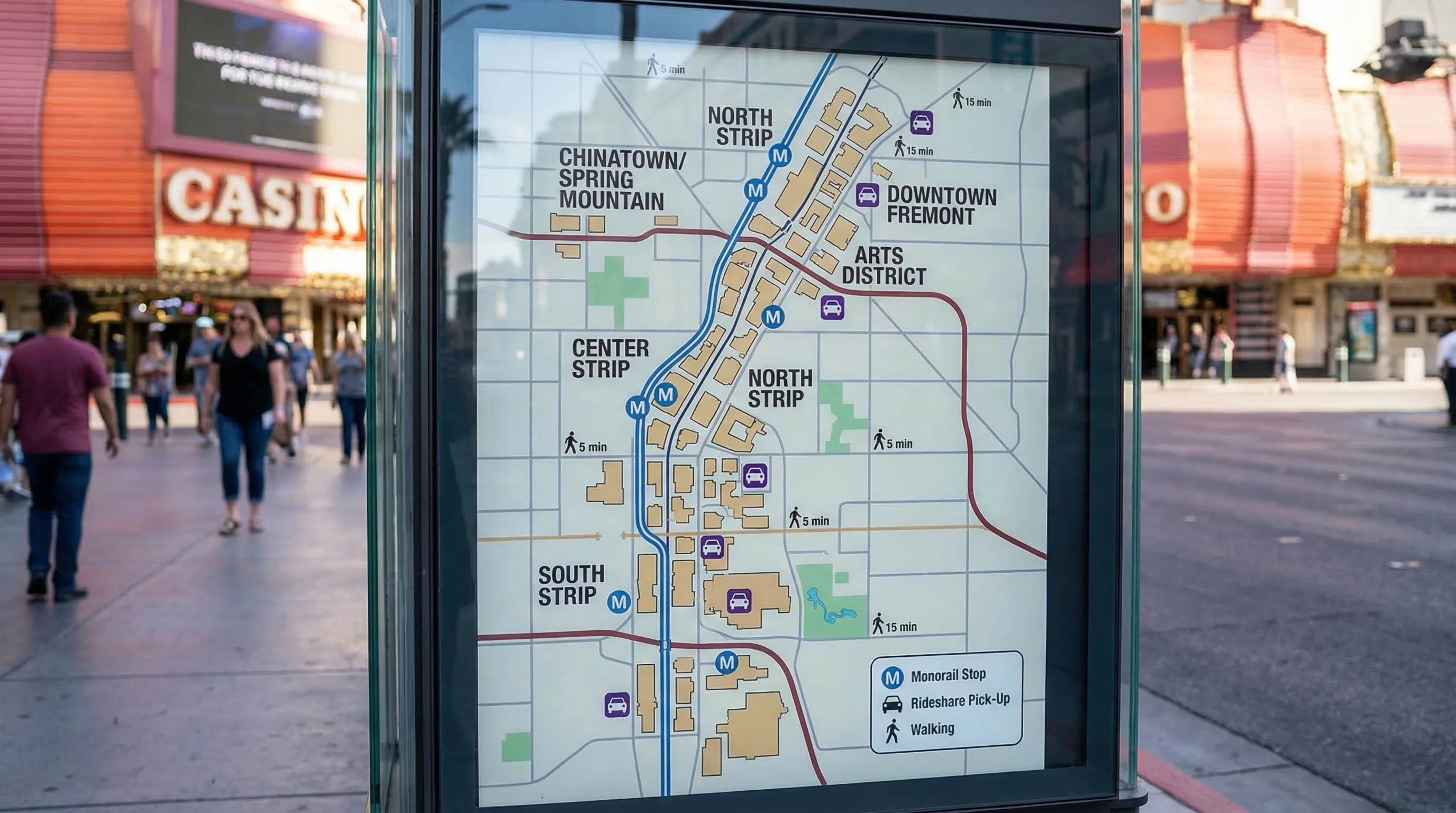 An illustrated street-level map-style scene of Las Vegas showing distinct areas labeled South Strip, Center Strip, North Strip, Chinatown/Spring Mountain, Arts District, and Downtown Fremont, with small icons for monorail stops, rideshare zones, and walking distances.