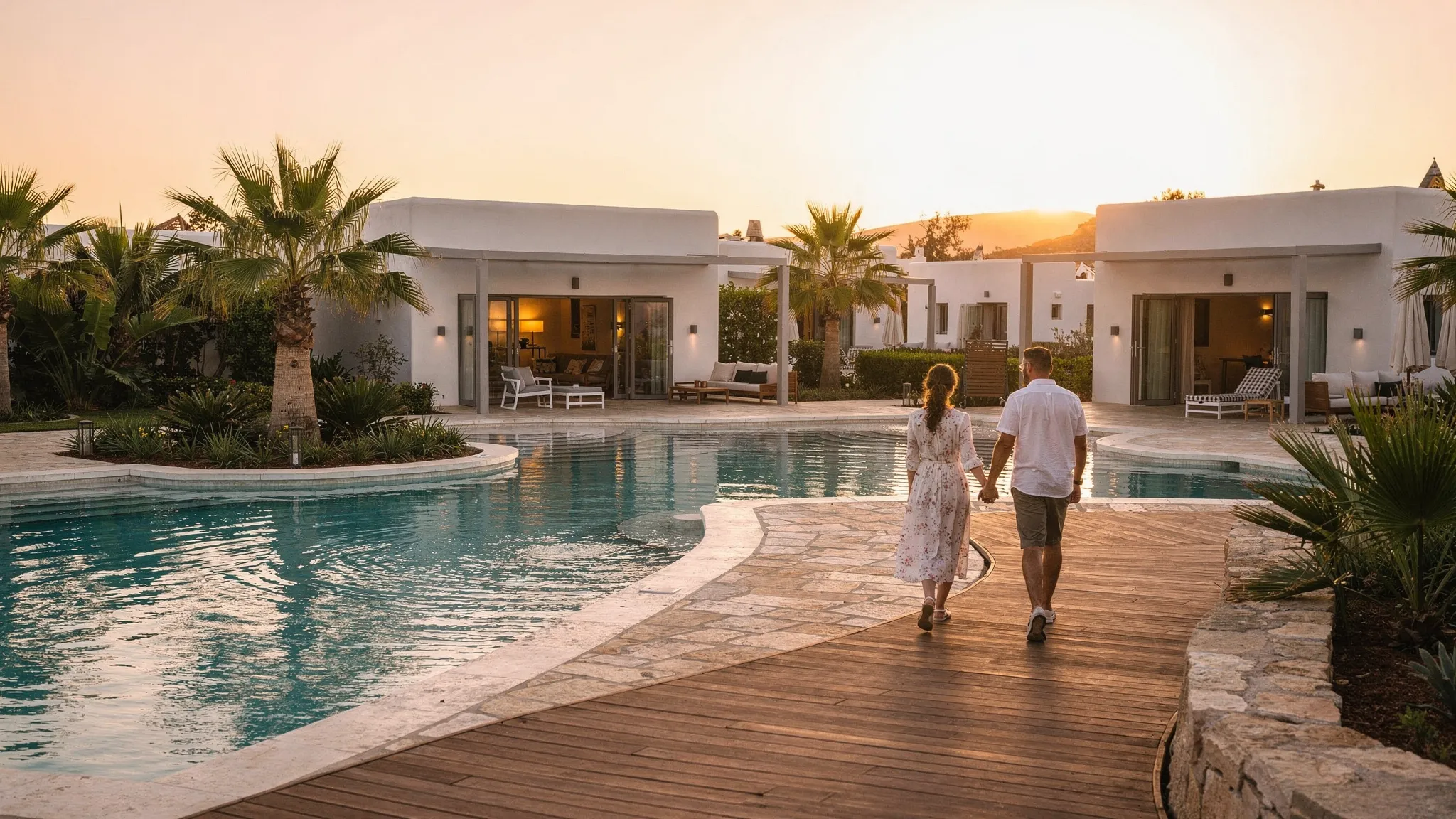 A romantic lagoon-style luxury resort in Crete at golden hour, with low white buildings, calm blue pools, palm trees, and a couple walking along a quiet wooden path near the water.
