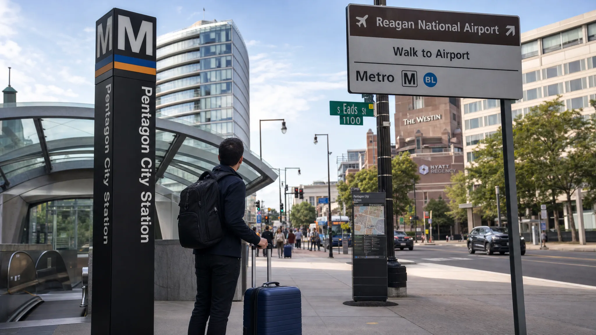 A traveler with a suitcase standing near a Washington, DC Metro station entrance, with airport signs, hotel facades, and city streets in view to show how flight choice connects to neighborhood choice.