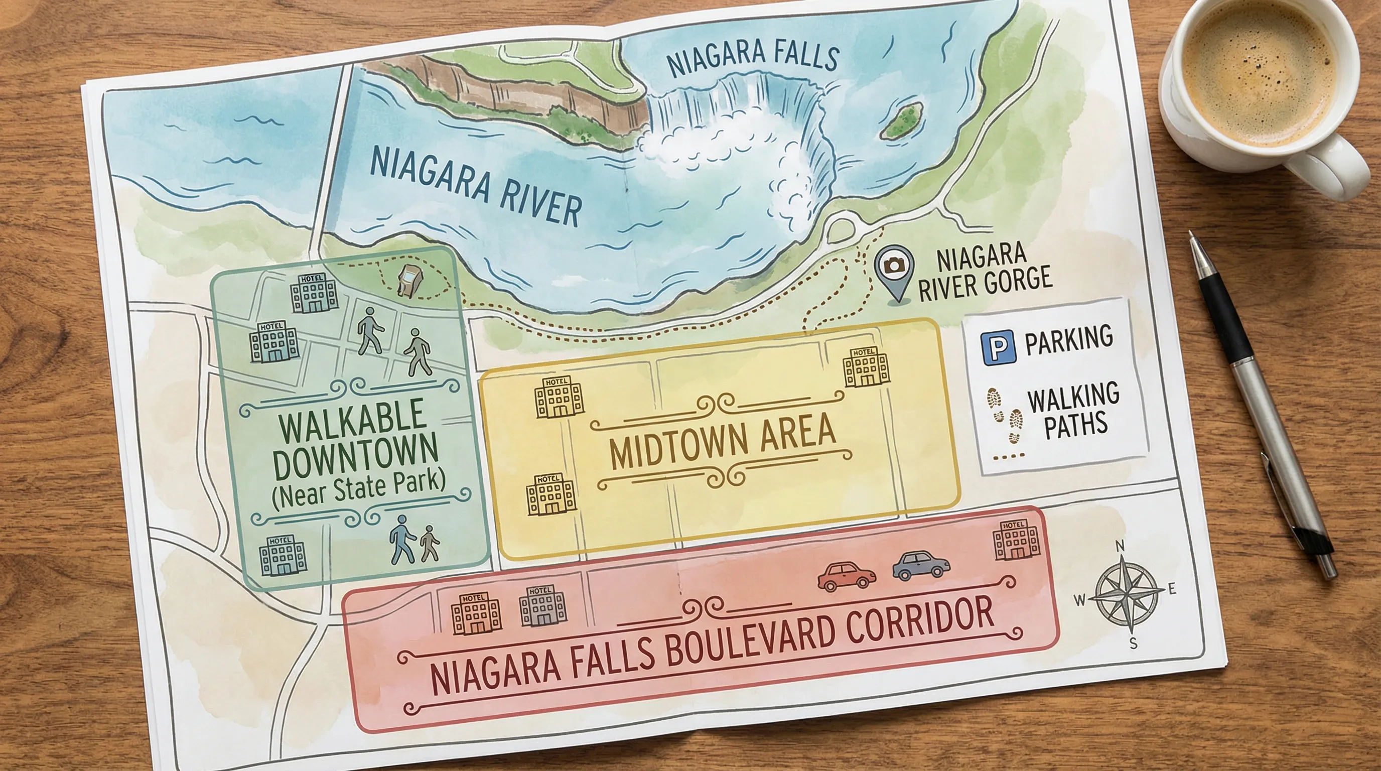 A simple illustrated map-style scene of Niagara Falls, NY showing three labeled hotel zones: walkable downtown near Niagara Falls State Park, midtown area, and Niagara Falls Boulevard corridor, with icons for the river gorge, parking, and walking paths.