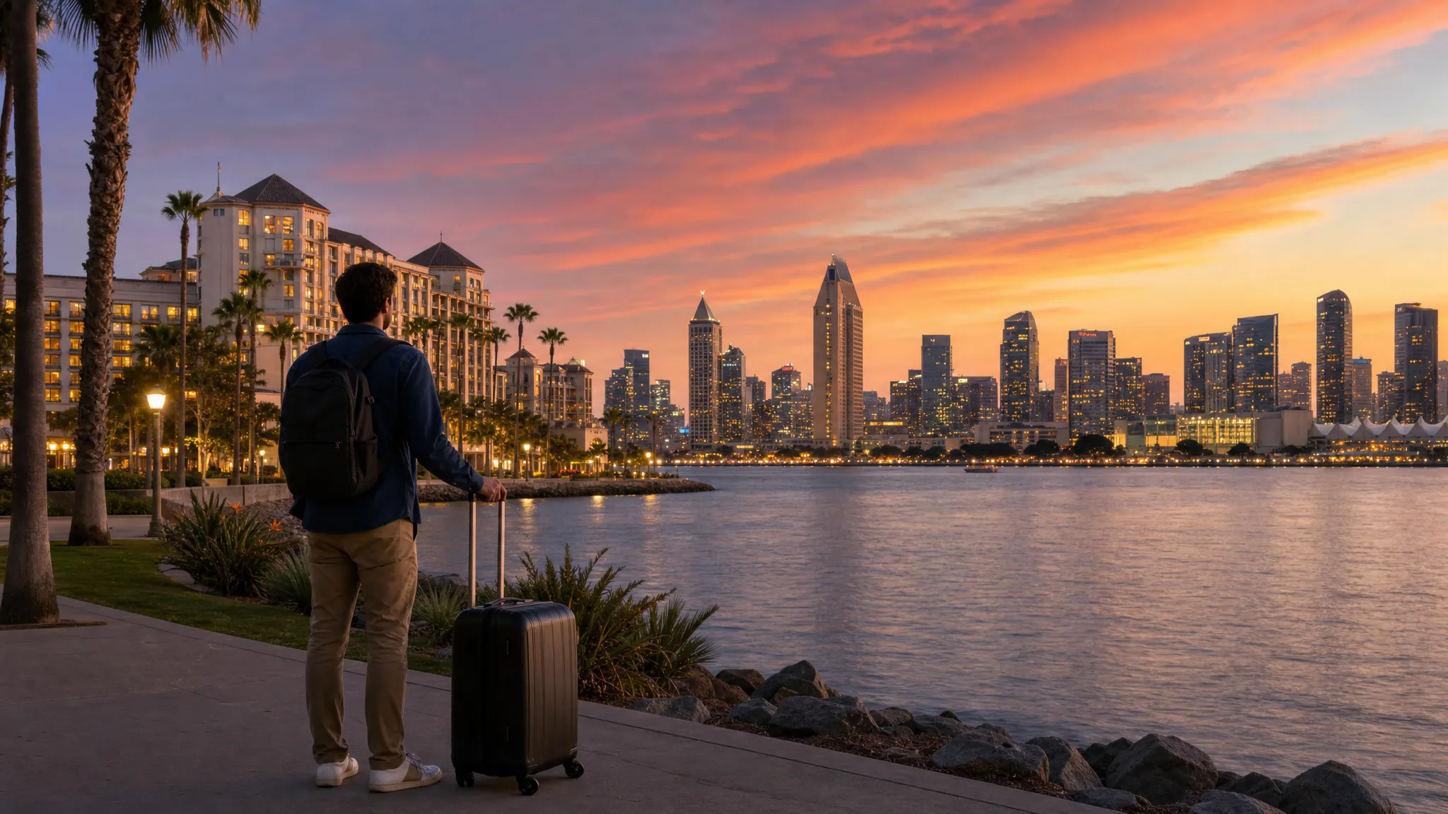 A traveler with a rolling suitcase near San Diego Bay at sunset, with palm trees, waterfront hotel buildings, and distant city lights suggesting the choice between staying downtown and choosing a lower-cost area.
