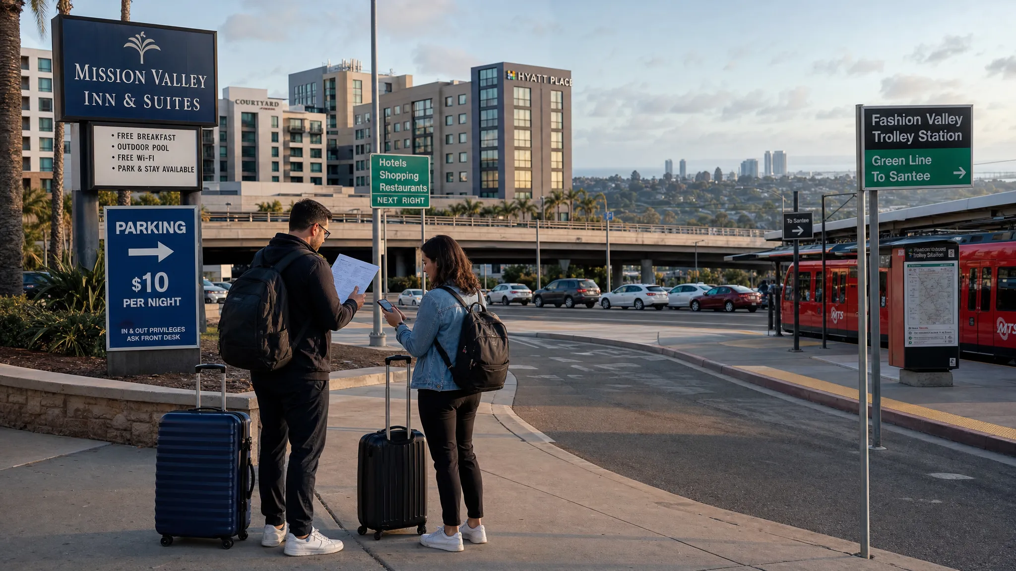 A wide, eye-level San Diego hotel district scene at late afternoon, with Mission Valley style midrise hotels, a freeway overpass, a trolley platform, and parked cars all visible in one frame. In the foreground, a pair of adult travelers with carry-ons stand near a curbside drop-off comparing a hotel confirmation and a parking sign, while the background hints at the city’s split between inland value and coastal convenience. The mood should feel practical and cost-conscious, with clear visual clues about transportation, parking, and neighborhood tradeoffs rather than a beach postcard.