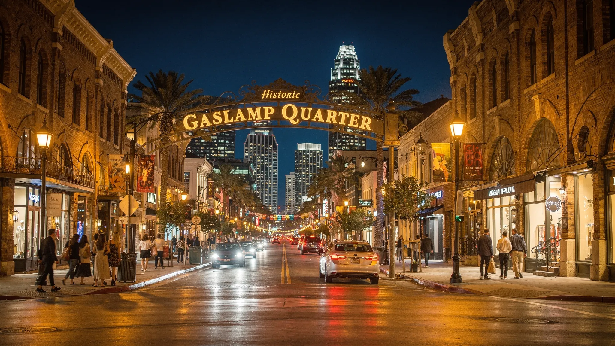 A nighttime street scene in San Diego’s Gaslamp Quarter with historic brick buildings, warm streetlights, people strolling on sidewalks, and a distant modern skyline glow, capturing a lively but elegant downtown atmosphere.