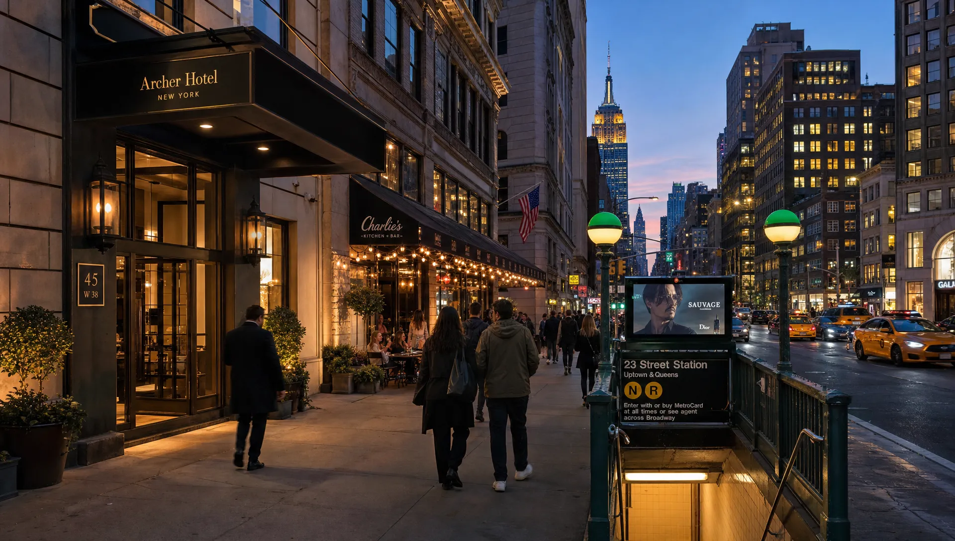 A New York neighborhood street at dusk with boutique hotel entrances, yellow taxis, restaurant lights, pedestrians, and a subway entrance nearby, showing how location and transportation shape the hotel experience.