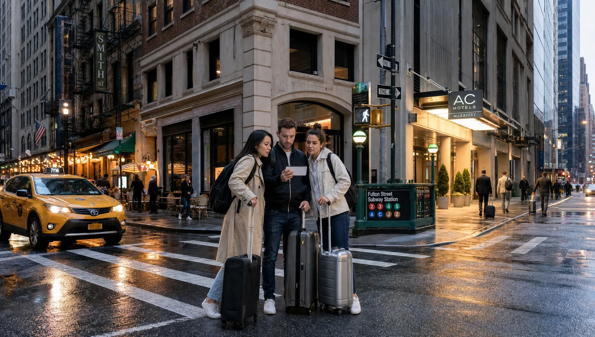 Wide landscape New York hotel decision scene at a street corner in Lower Manhattan, with a taxi drop-off, a subway entrance, and a small cluster of hotel facades leading in different directions. Show one side opening toward a lively dining street with warm window light and outdoor seating, while the other side leads toward a quieter business block with newer hotel entrances and calmer sidewalks. Include a few adult travelers with carry-on luggage studying the neighborhood layout on a phone facing the camera with nothing displayed behind it, plus a rain-slick crosswalk and reflections that make the transport tradeoff feel immediate. The composition should feel practical and urban, with the city atmosphere itself acting like the main comparison.