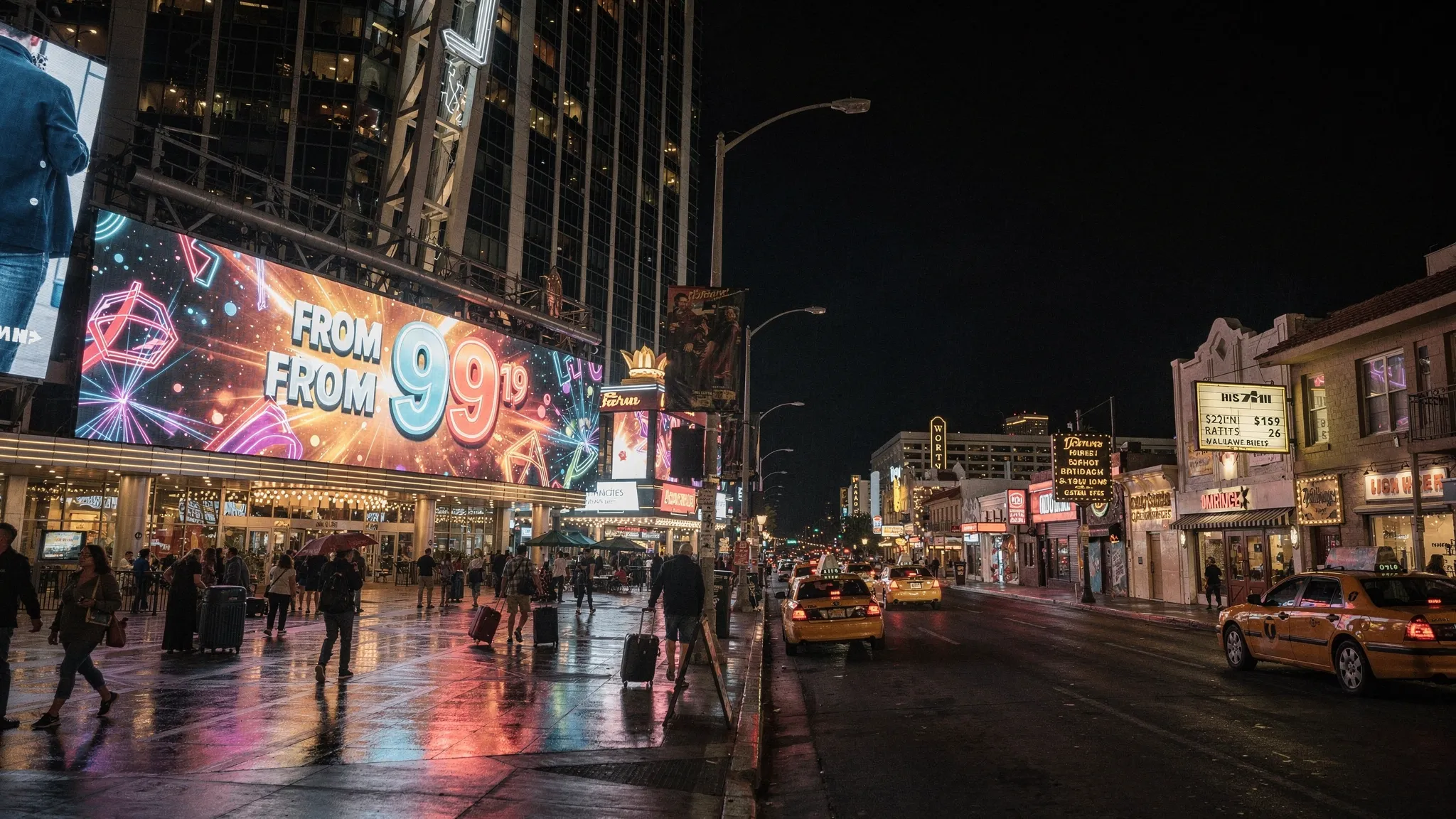 A nighttime Las Vegas streetscape showing a contrast between a bright, modern resort facade and a quieter side street with smaller hotels, taxis, and pedestrians, emphasizing the difference between headline prices and real-world travel costs.
