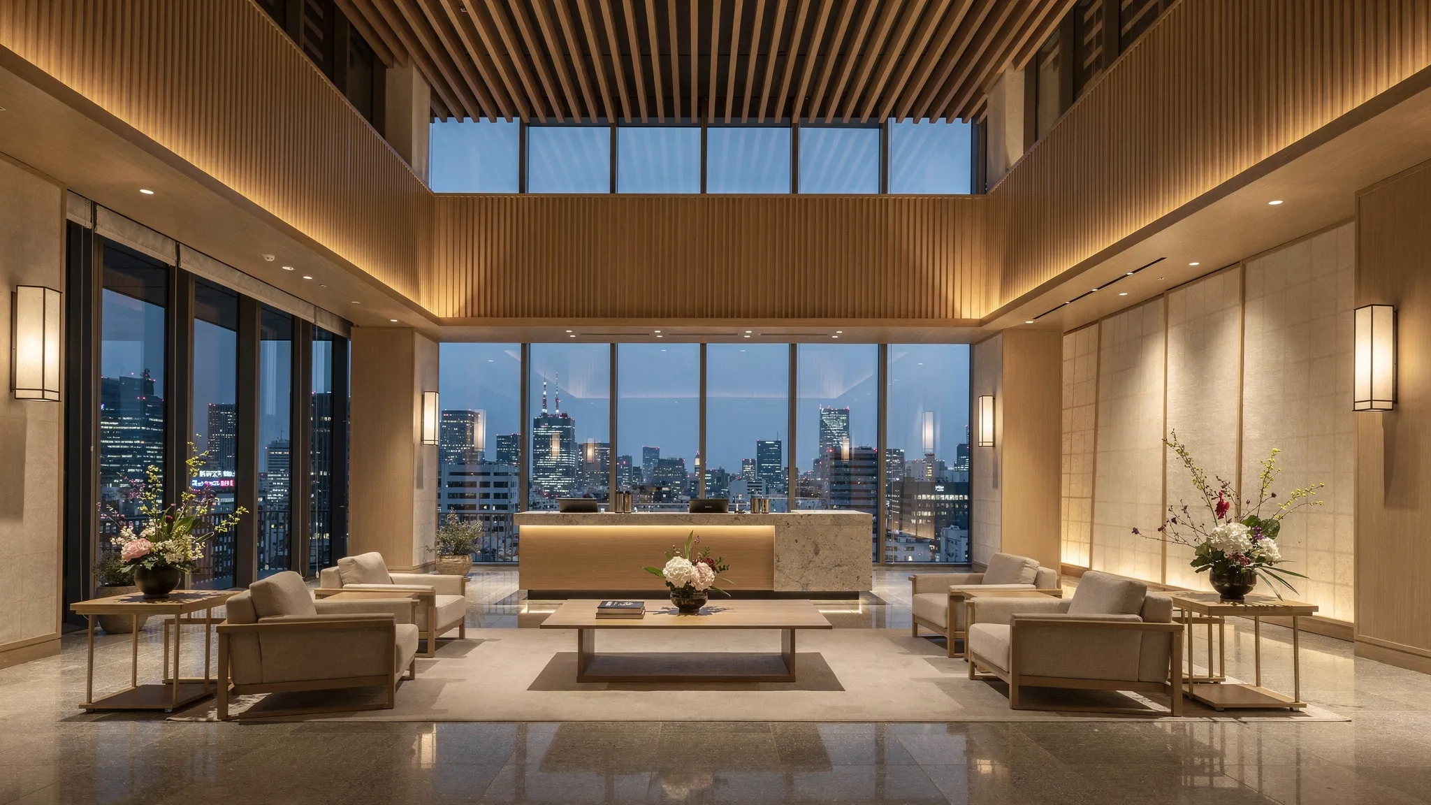 A serene, minimalist luxury hotel lobby high above Tokyo with soaring ceilings, warm wood, washi-paper inspired textures, ikebana floral arrangements, and floor-to-ceiling windows framing a panoramic city skyline.