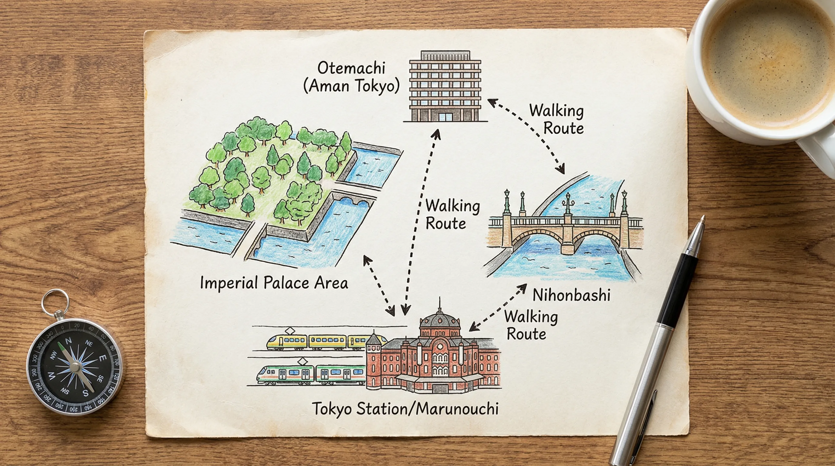 A simple illustrated walking map of central Tokyo highlighting Otemachi (Aman Tokyo), the Imperial Palace area, Tokyo Station/Marunouchi, and Nihonbashi, with walking lines between landmarks.