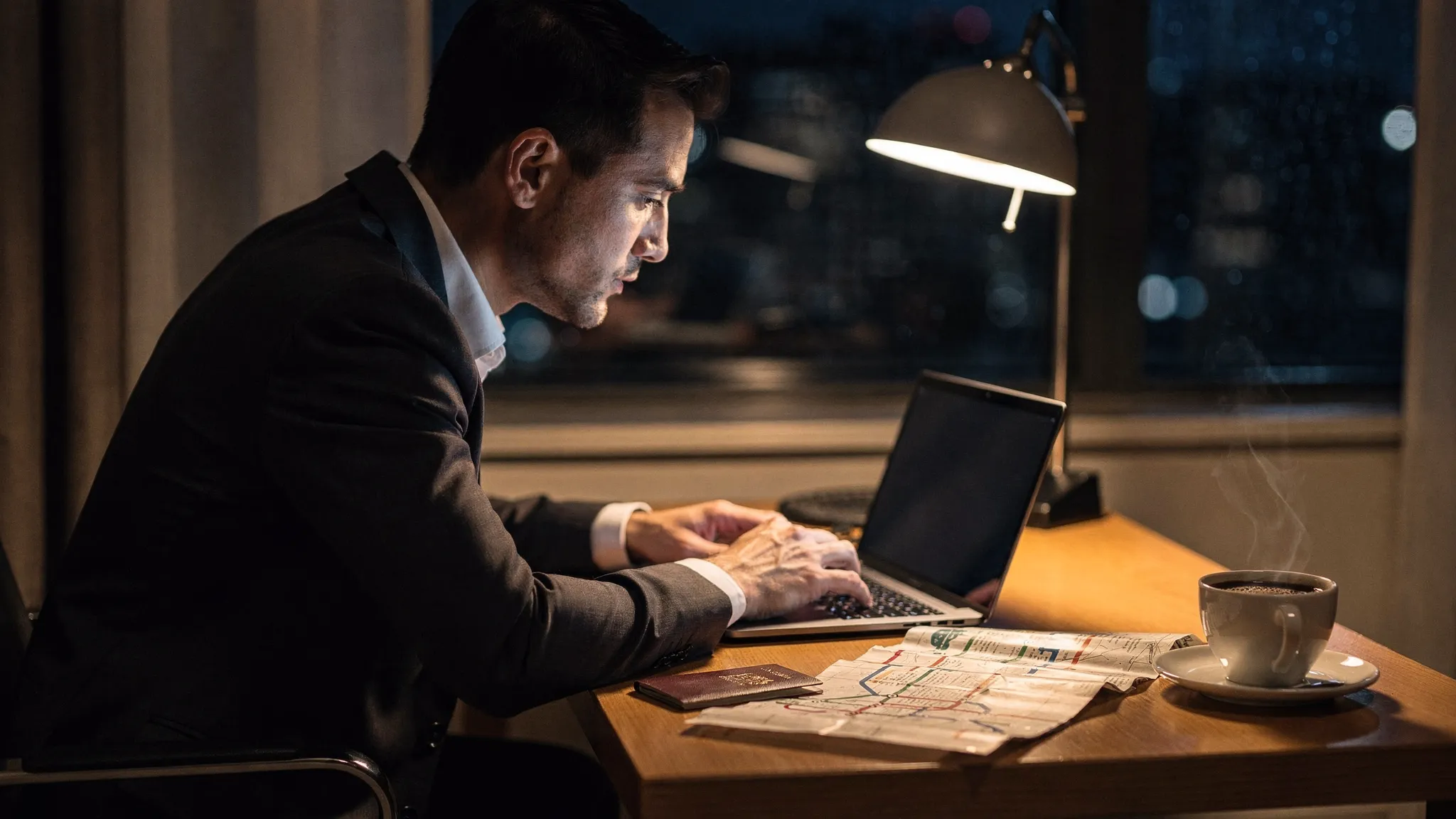 A late-night business traveler sits at a small hotel-room desk with a laptop open (screen facing the traveler, nothing visible behind the screen). On the desk are a passport, a metro map, and a cup of coffee. The mood is quiet and focused, with soft warm lighting and a hint of rain on a window in the background.