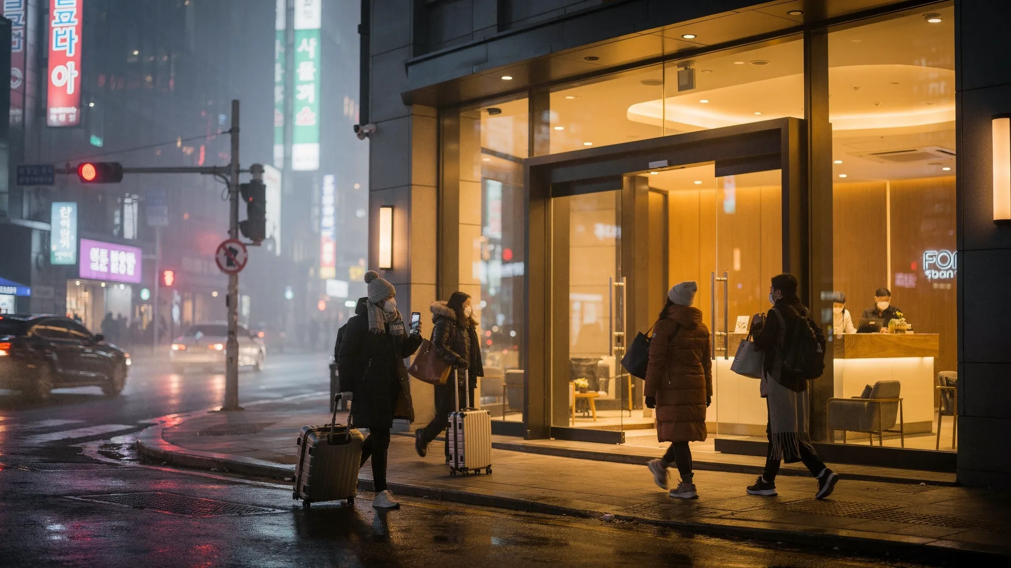 A nighttime city street scene in Seoul with neon signage and warm storefront lighting, a modern hotel lobby visible through glass doors, travelers rolling suitcases, and subtle winter haze in the air.