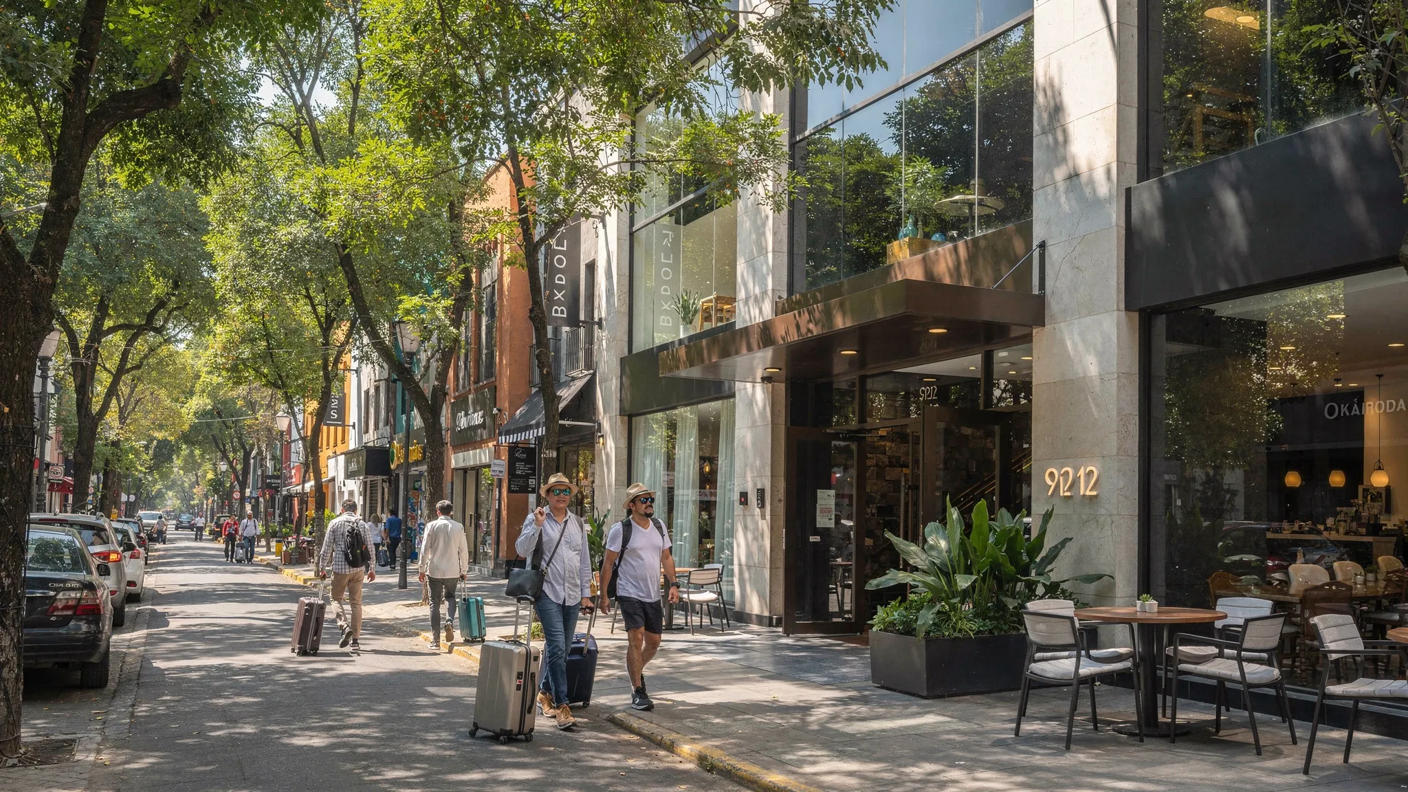 A sunny street in Mexico City’s Polanco neighborhood with leafy trees, contemporary storefronts and cafes, a stylish hotel entrance with stone and glass, and travelers arriving with carry-on luggage.