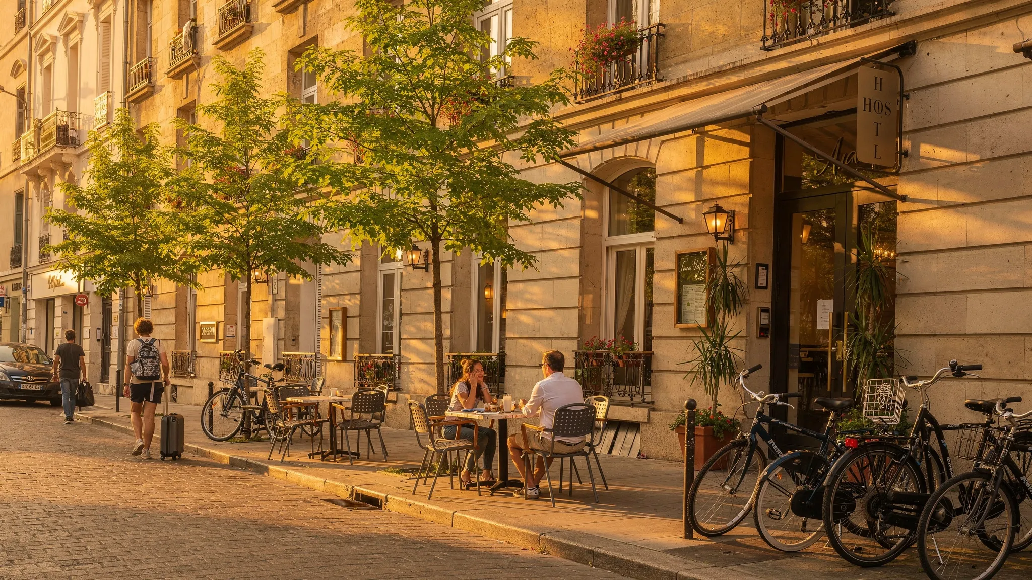 A quiet city side street at golden hour with a small hotel entrance, cafe tables, trees, bicycles, warm stone buildings, and travelers walking with light luggage.
