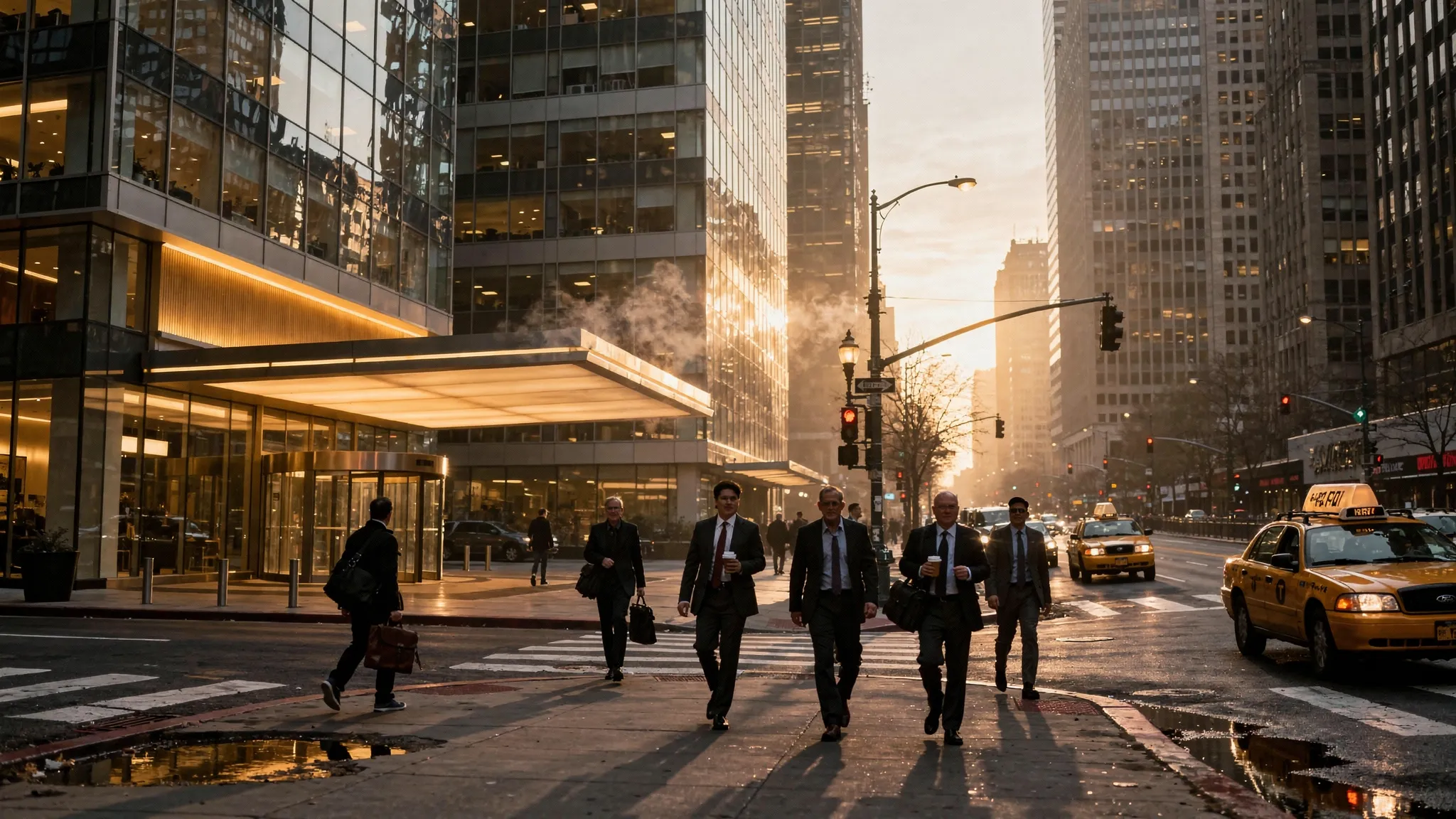 A crisp early-morning street scene in downtown Chicago with modern office towers reflecting sunrise light, a few taxis at the curb, commuters walking with briefcases, and a hotel entrance canopy glowing warmly.