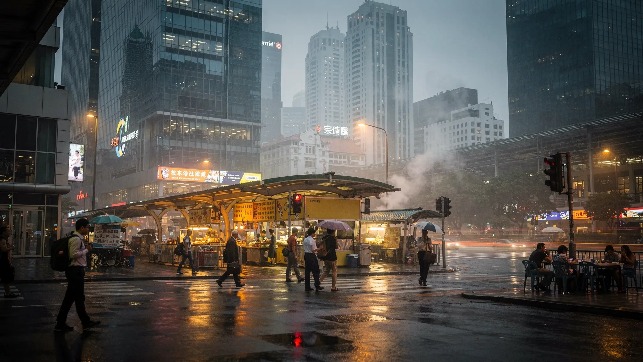 A humid evening street scene in Singapore’s central business district: sleek glass towers reflecting city lights, pedestrians moving past sheltered walkways, and a nearby hawker center glow in the distance.