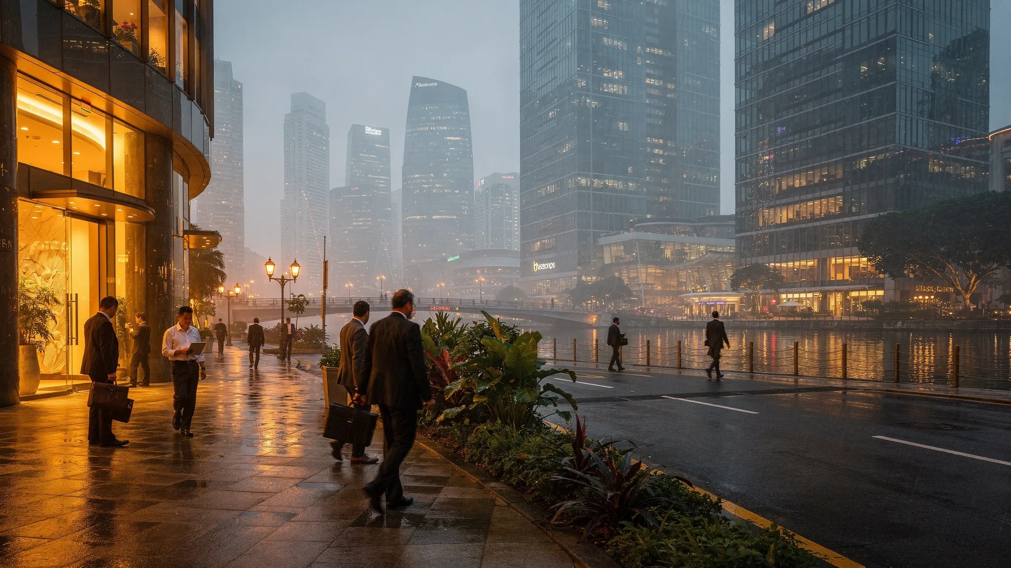 A humid evening streetscape in Singapore’s Marina Bay area with modern glass towers, warm lobby lighting spilling onto the sidewalk, and pedestrians in business attire walking past greenery and water reflections.