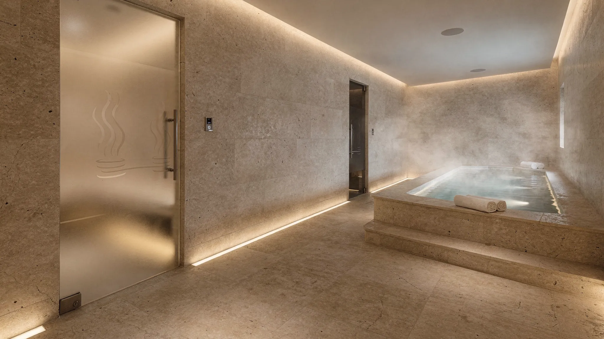A serene spa corridor with warm stone walls, soft indirect lighting, a visible steam room entrance, and a small thermal pool area suggested in the background, conveying quiet and a clear heat-to-rest flow.