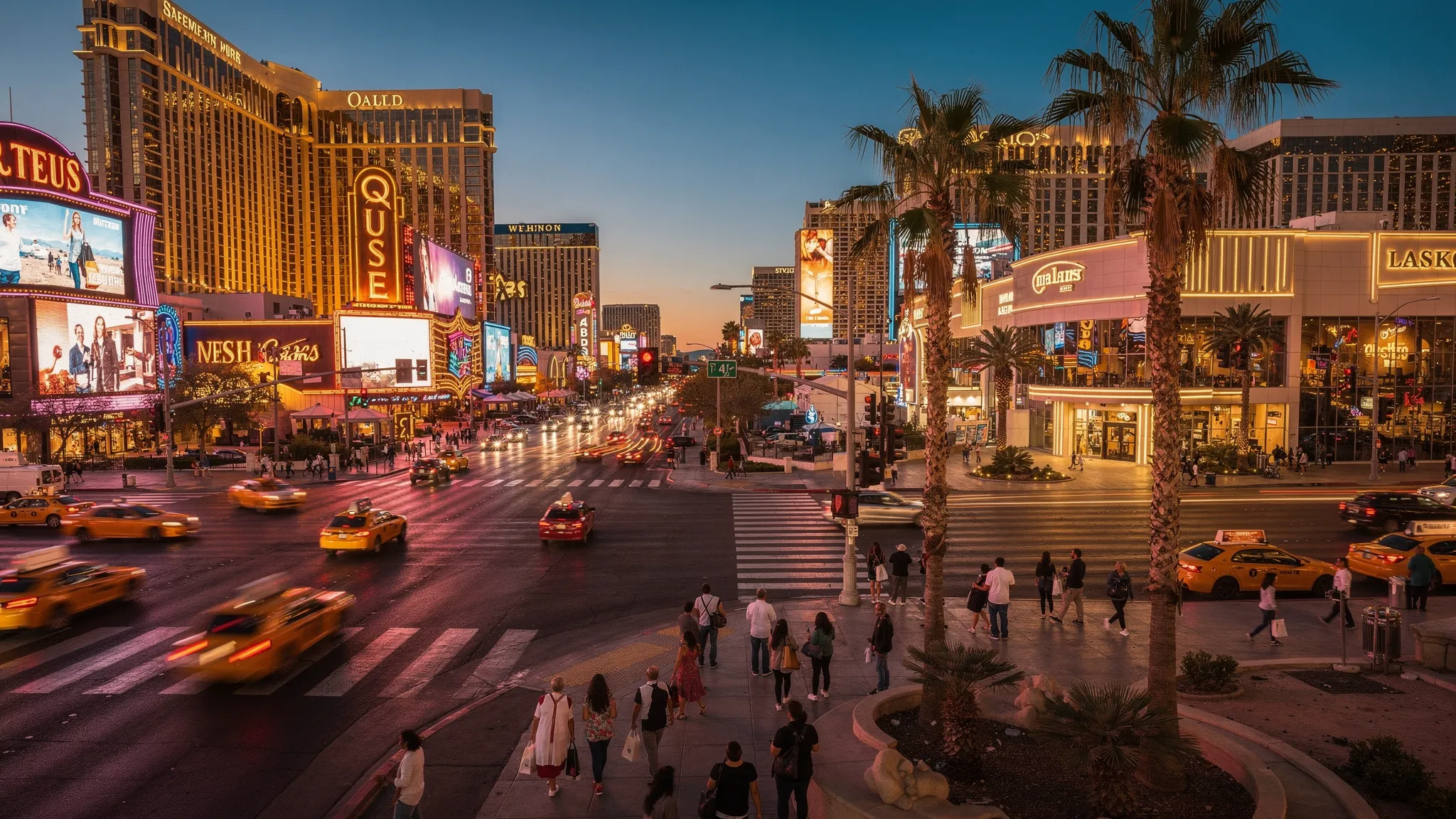 The Las Vegas Strip at dusk with glowing hotel towers, taxis moving along the boulevard, pedestrians crossing near palm trees, and warm desert light fading behind the skyline.