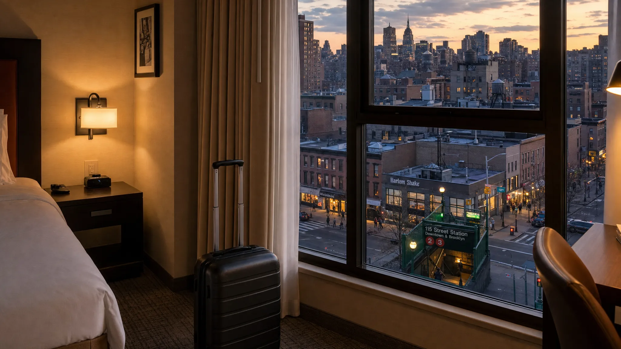 A calm New York hotel room at dusk with a suitcase near the bed, Manhattan rooftops outside the window, and a subway entrance visible on the street below.
