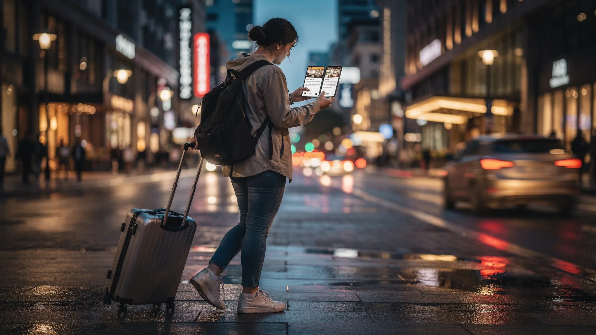 A traveler at dusk rolling a suitcase along a lively city street, pausing to compare two nearby hotel options on a phone, with streetlights reflecting on wet pavement and buildings framing the scene.