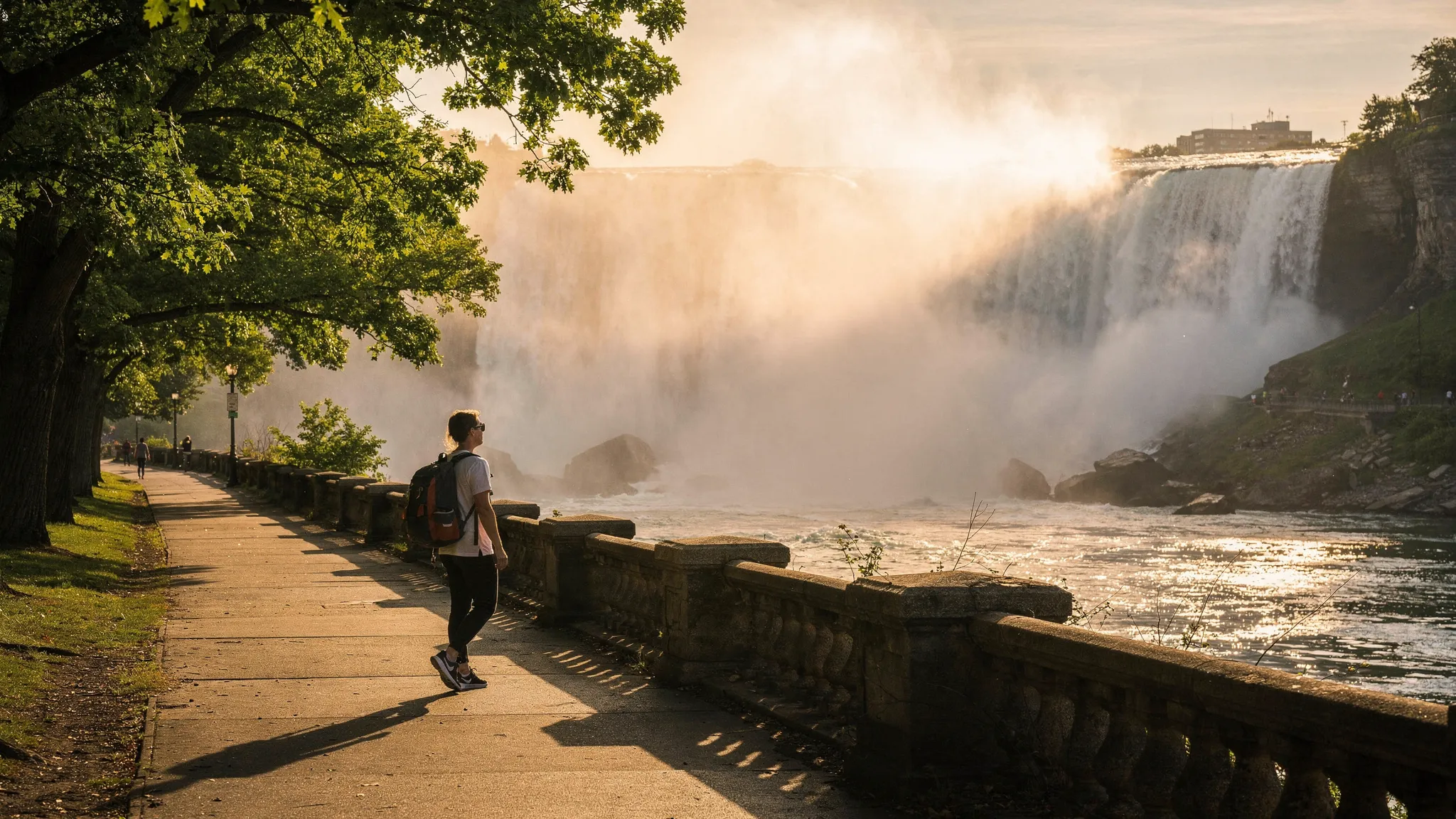 A traveler walking along a riverside path near Niagara Falls on the U.S. side, with mist rising above the gorge, tree-lined sidewalks, stone railings, and distant waterfall spray catching morning light.