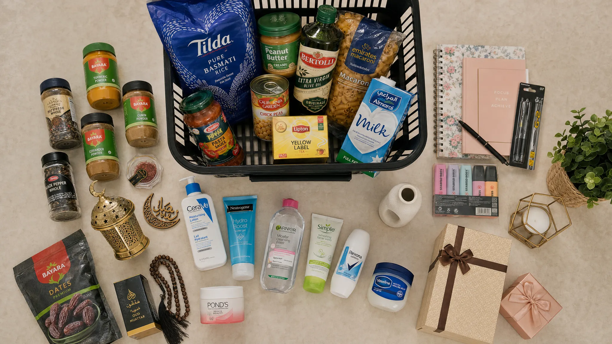 A neatly arranged shopping basket scene with groceries, spices, stationery, skincare products, home d&eacute;cor items, and gift boxes grouped on a clean tabletop, viewed from above in a calm indoor setting that shows planned UAE shopping for everyday and lifestyle needs.
