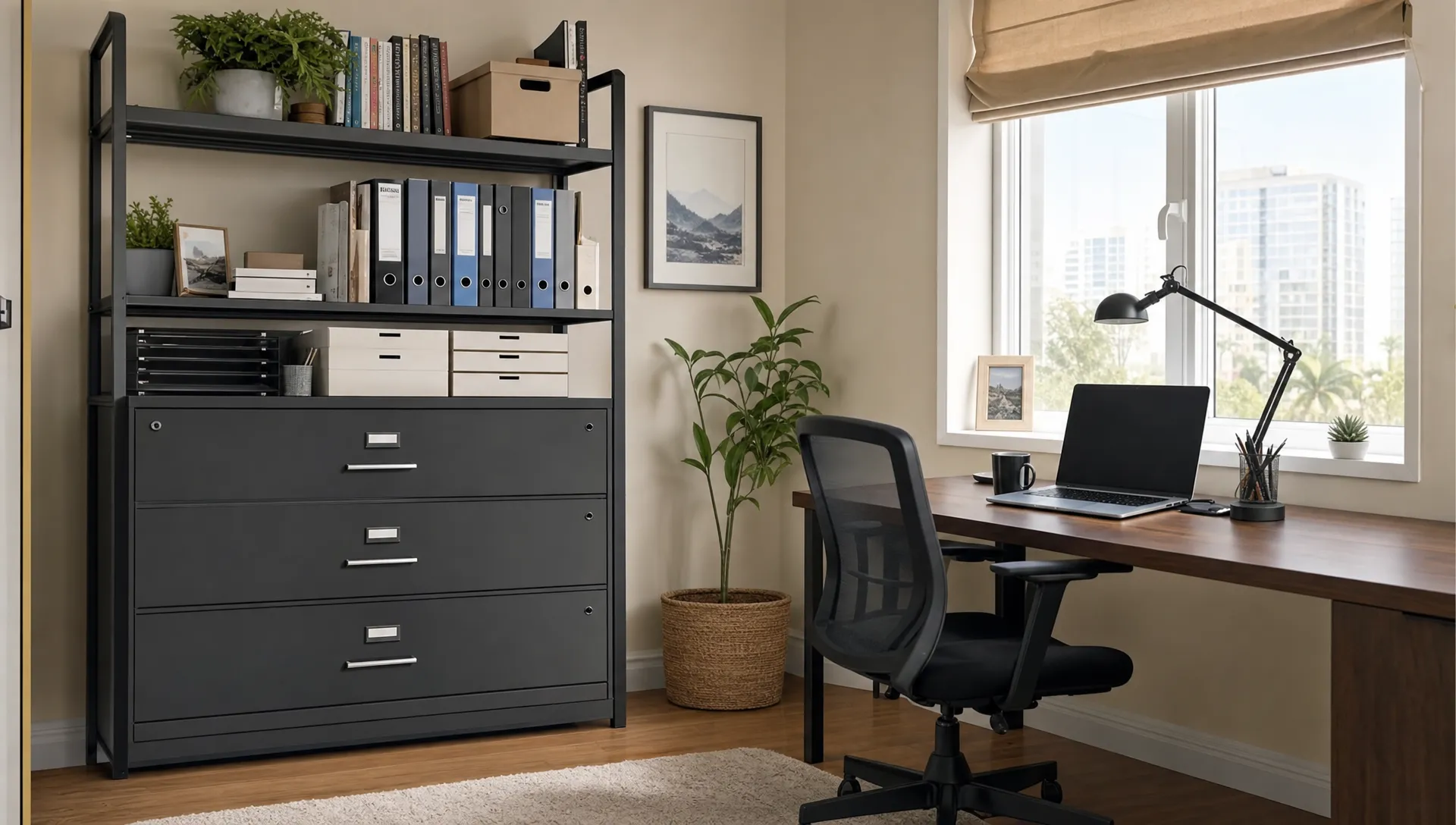 A compact home office shows a filing cabinet with shelves beside a wooden desk, with folders, books and storage boxes arranged for daily use.