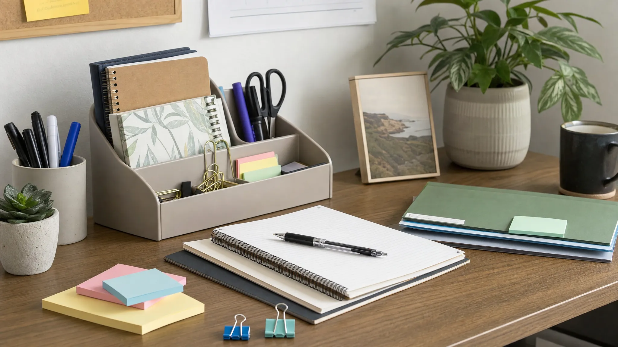 A tidy indoor desk scene with notebooks, pens, sticky notes, folders, clips, and a small desk organizer arranged for school or office use, viewed from a slight side angle.