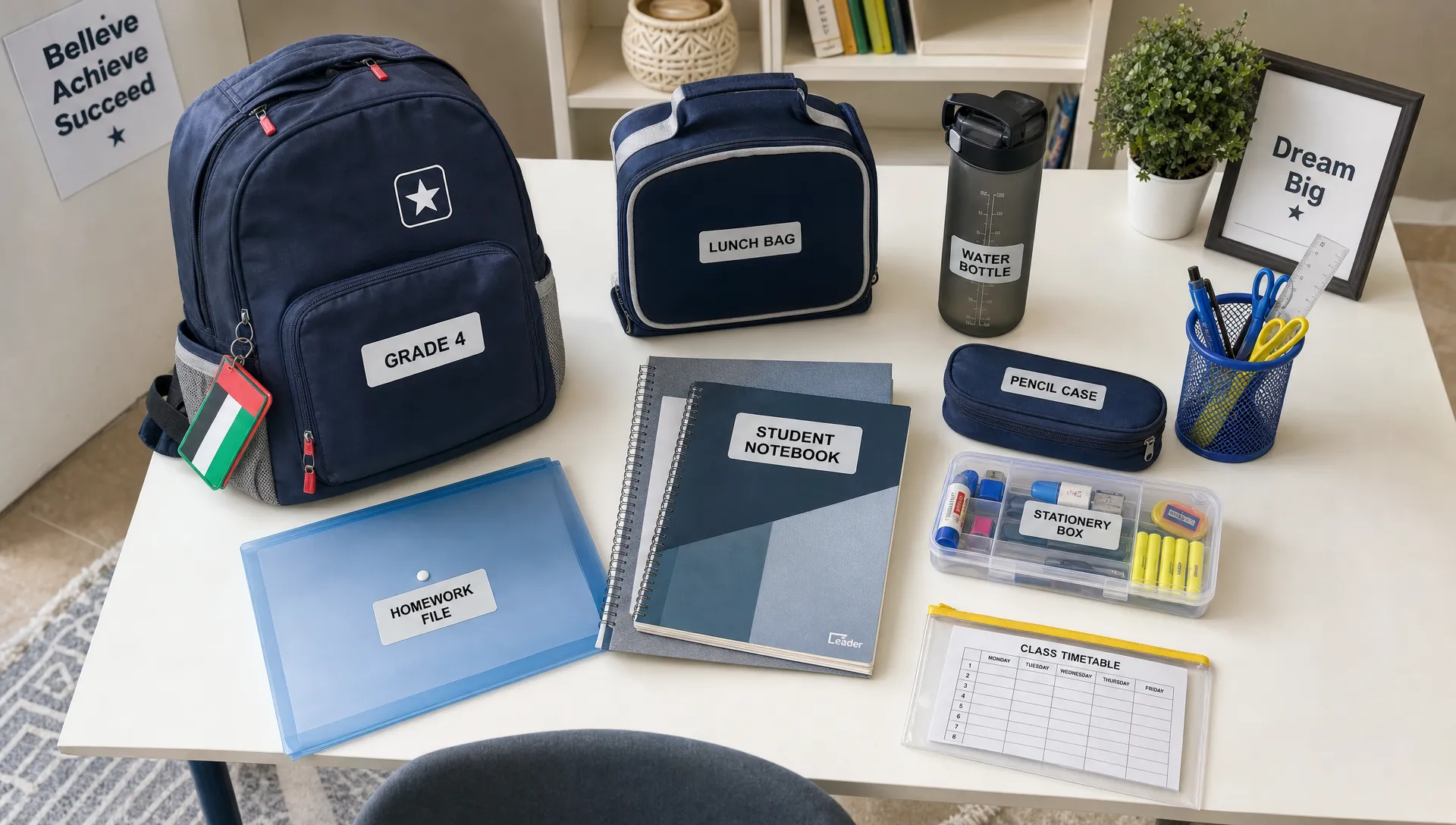 A neatly arranged UAE back-to-school setup with a school backpack, pencil case, notebooks, lunch bag, water bottle, and labelled supplies on a study table, viewed from above in a tidy home corner with no people present.