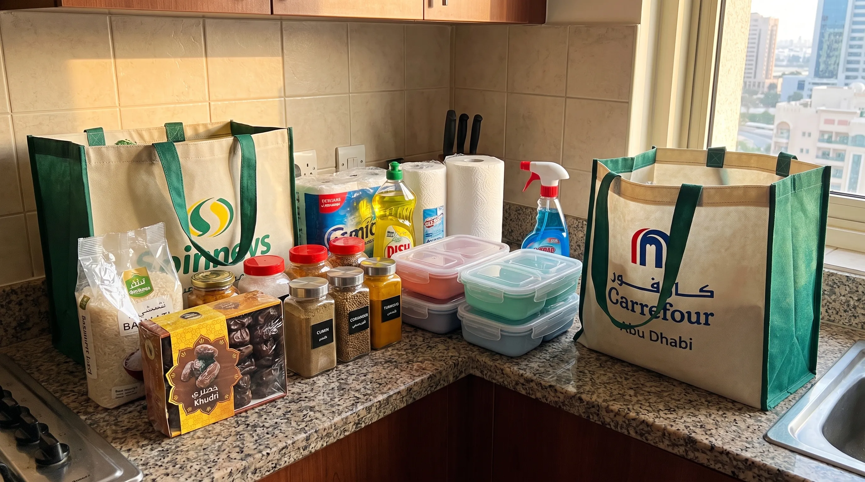 A neatly arranged online grocery order on a kitchen counter in Abu Dhabi, including dates, rice, spices, lunch boxes, and household essentials, with shopping bags ready for home delivery.