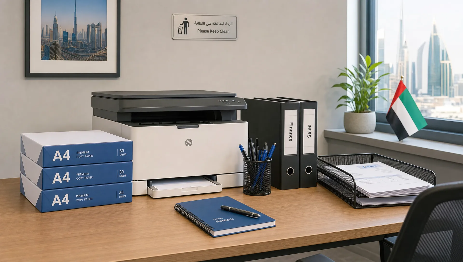 A neat UAE office printing station with stacked A4 copy paper reams, a printer, folders, pens and a small document tray on a clean desk.